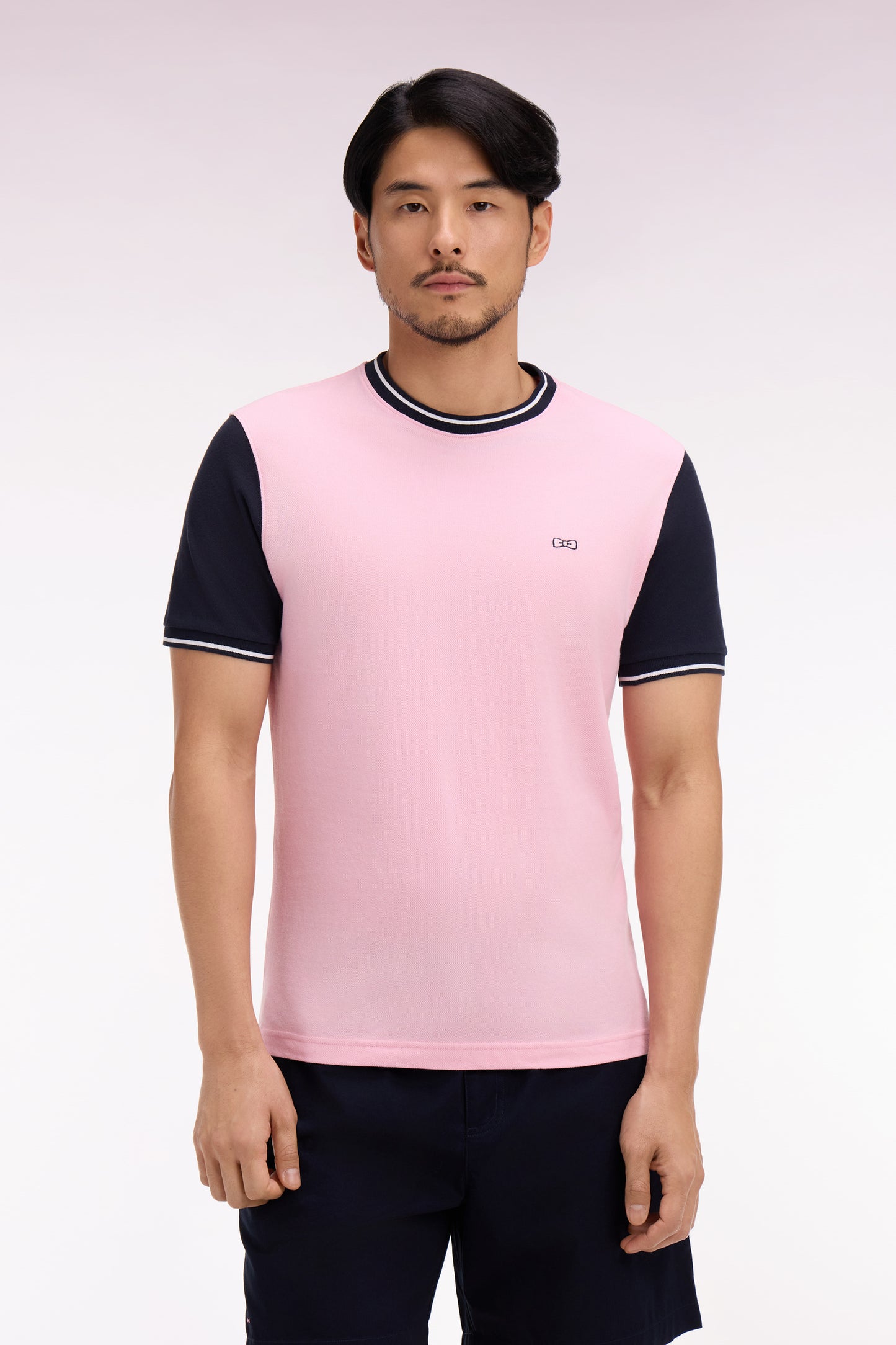 Short-sleeved t-shirt in two-tone pink cotton embroidered regular fit