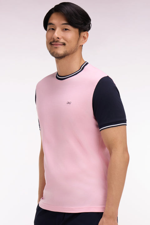 T-shirt à manches courtes en coton rose bicolore brodé coupe regular - Image 1