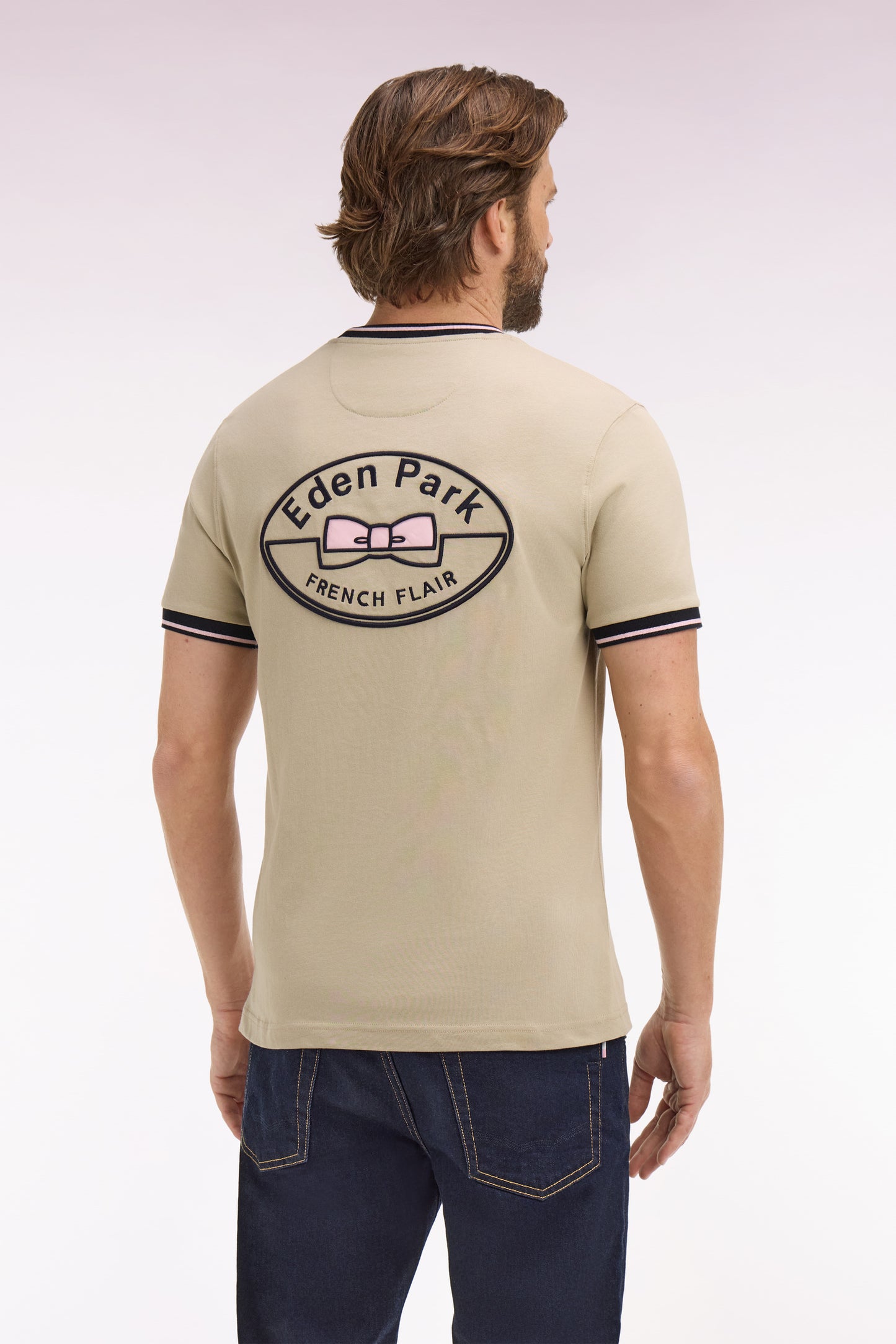 T-shirt à manches courtes en coton beige brodé coupe regular