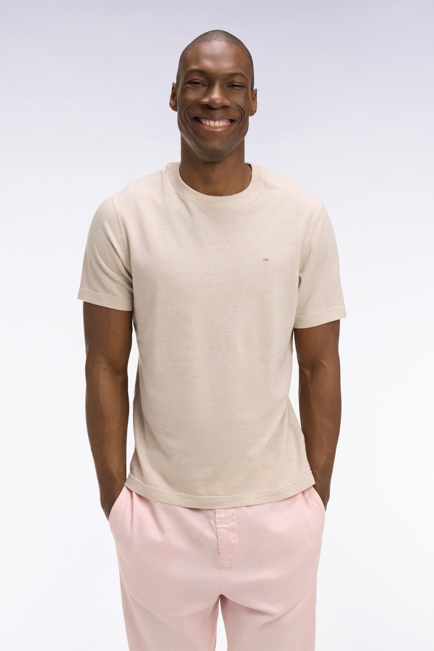 T-shirt à manches courtes en coton et lin beige coupe regular