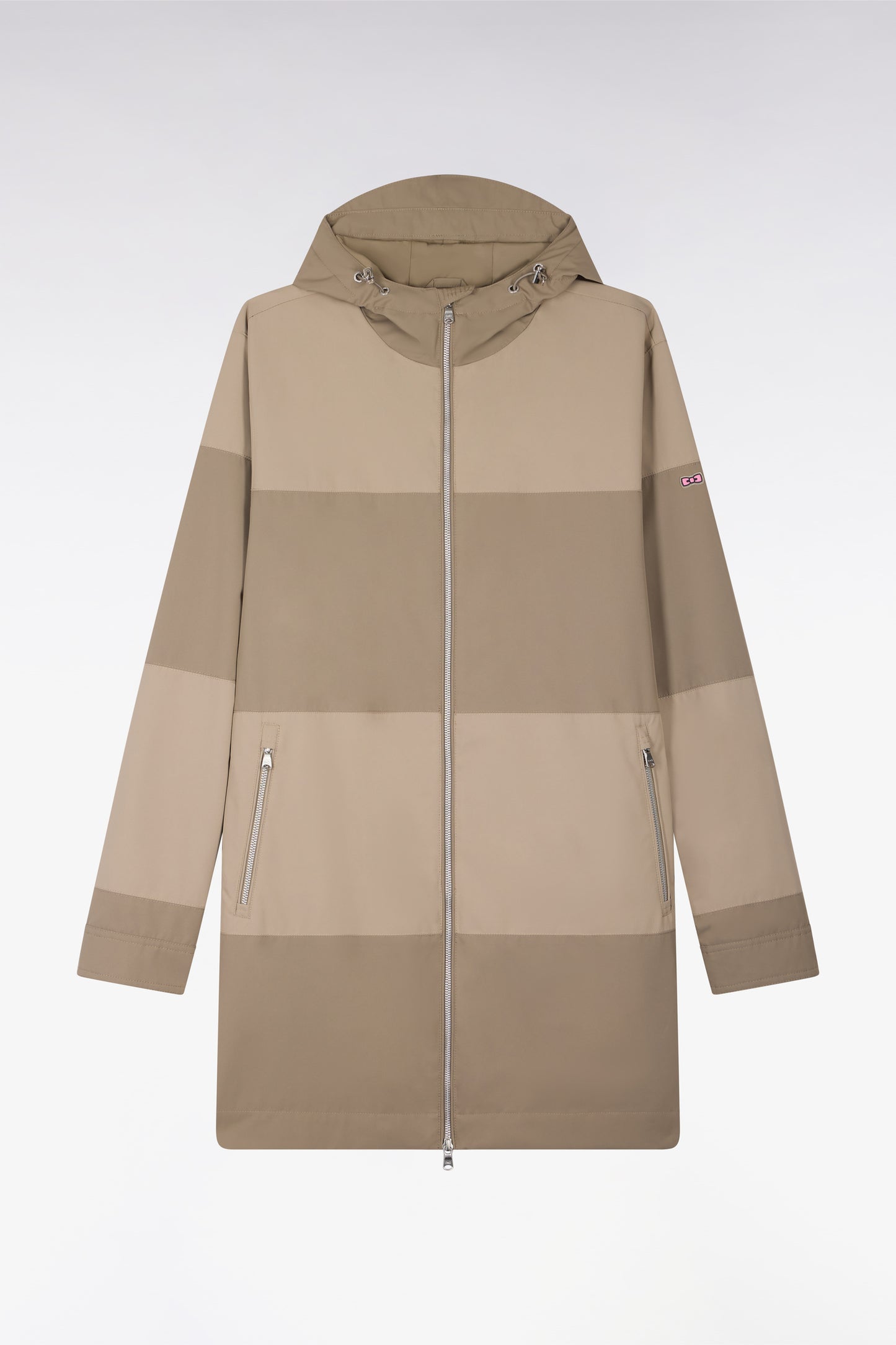 Parka longue kaki à rayures camaïeu et capuche intégrée