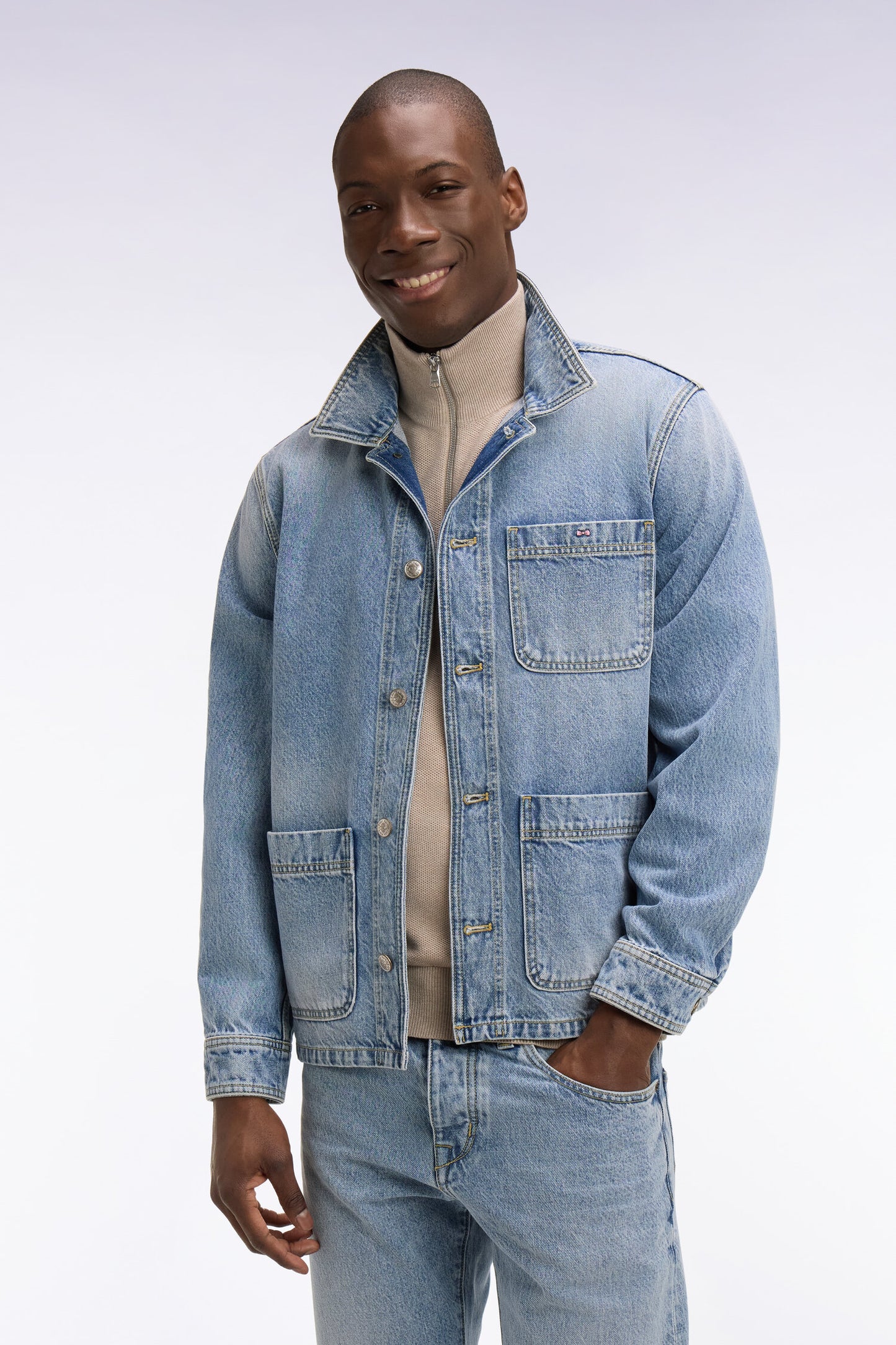 Washed blue denim worker jacket