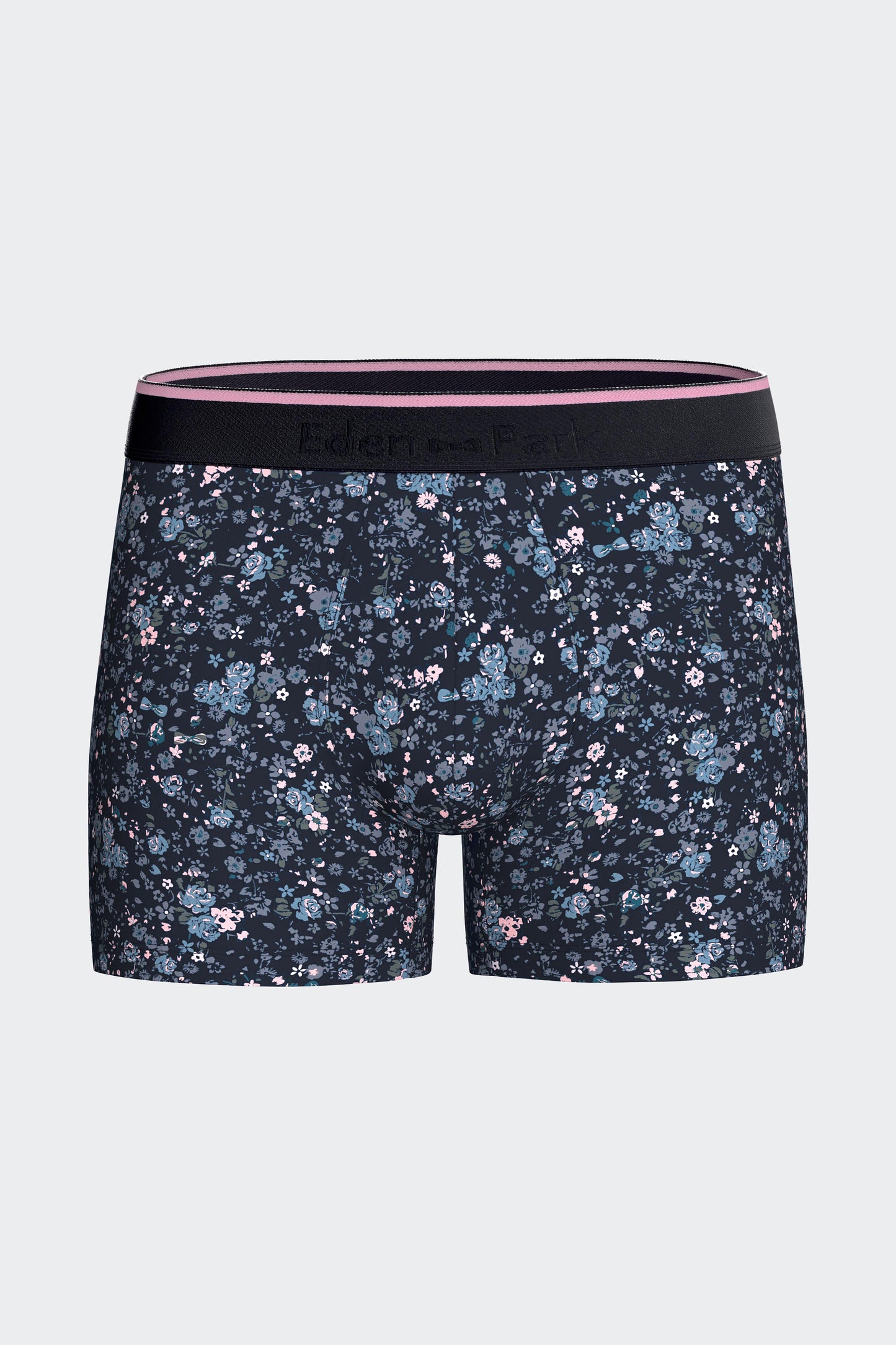Boxer shorts in navy stretch cotton jersey with floral print