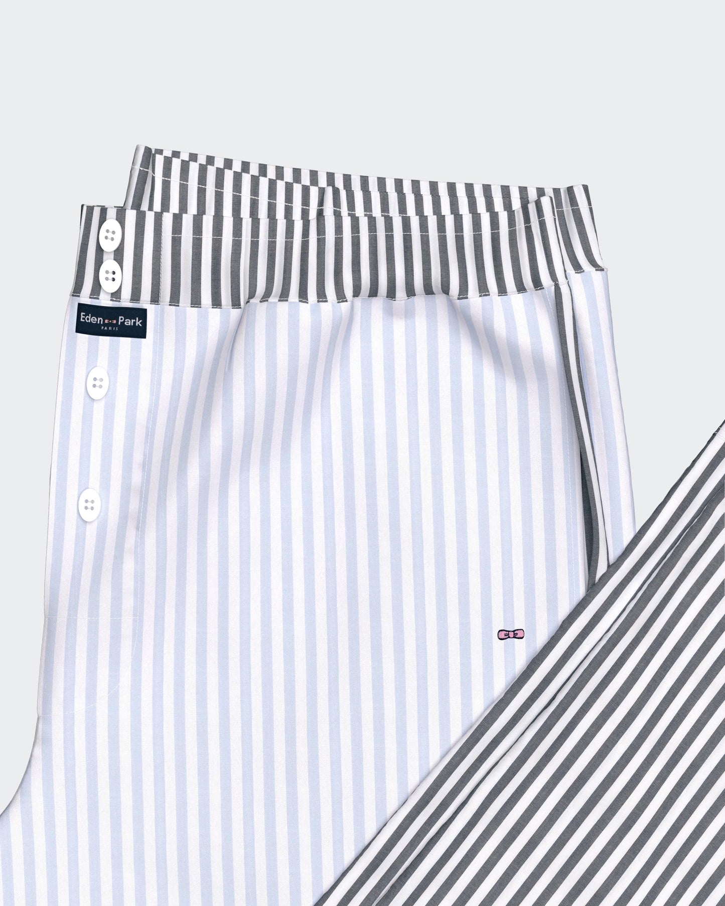 Pyjama long en coton à rayures bicolores bleu ciel et marine