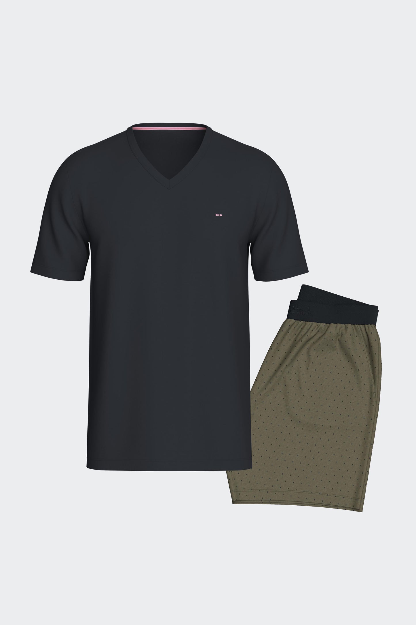 Pyjama court en coton kaki et marine