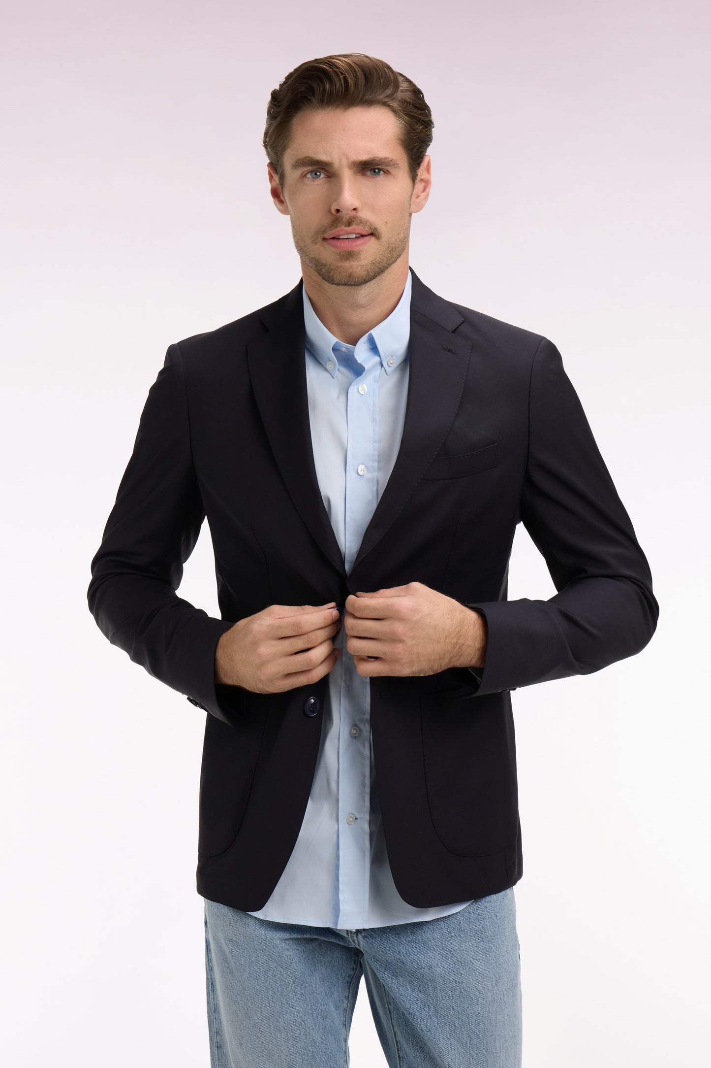 Navy recycled wool blend blazer jacket