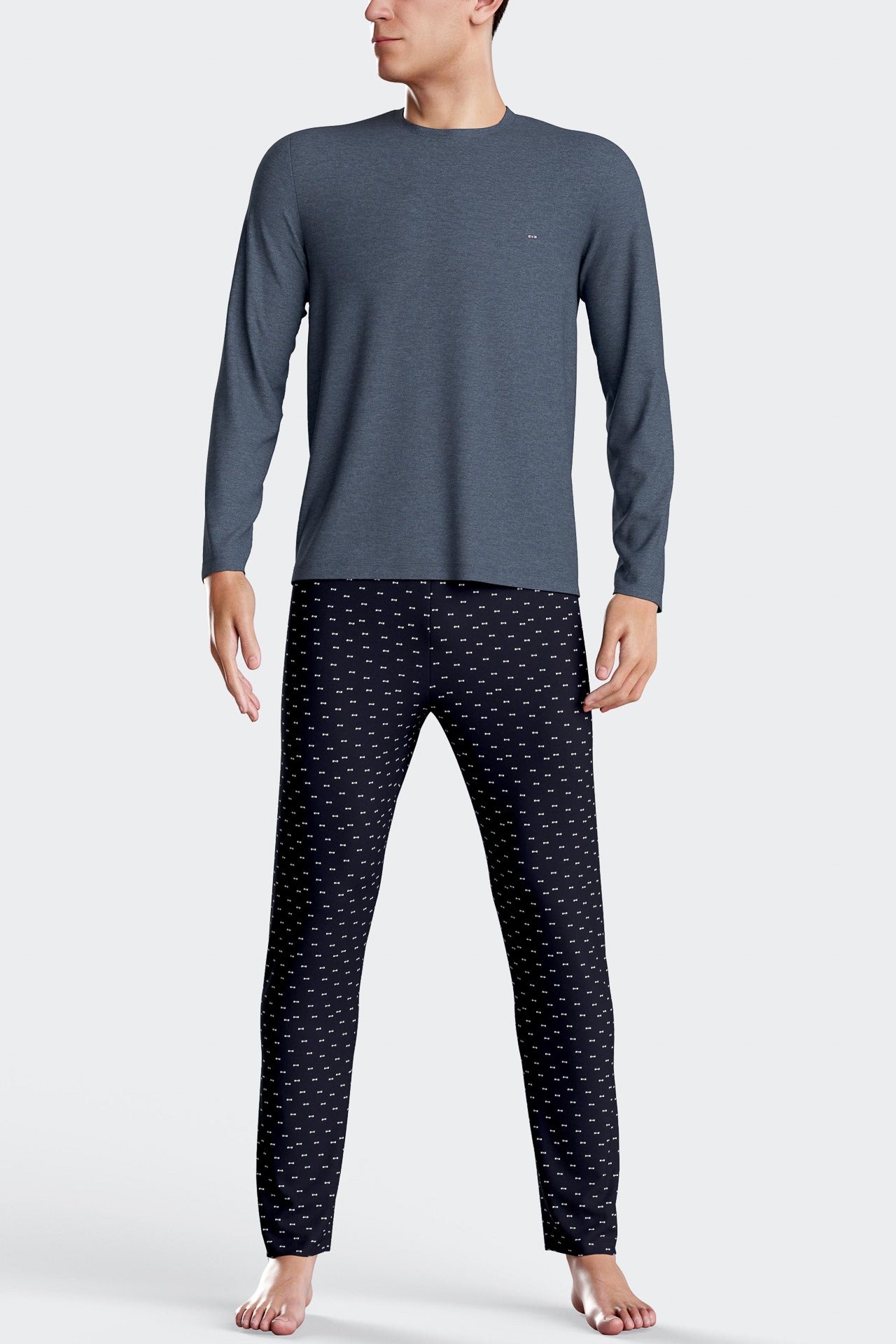 Dark blue long cotton pajamas with micro pattern trousers