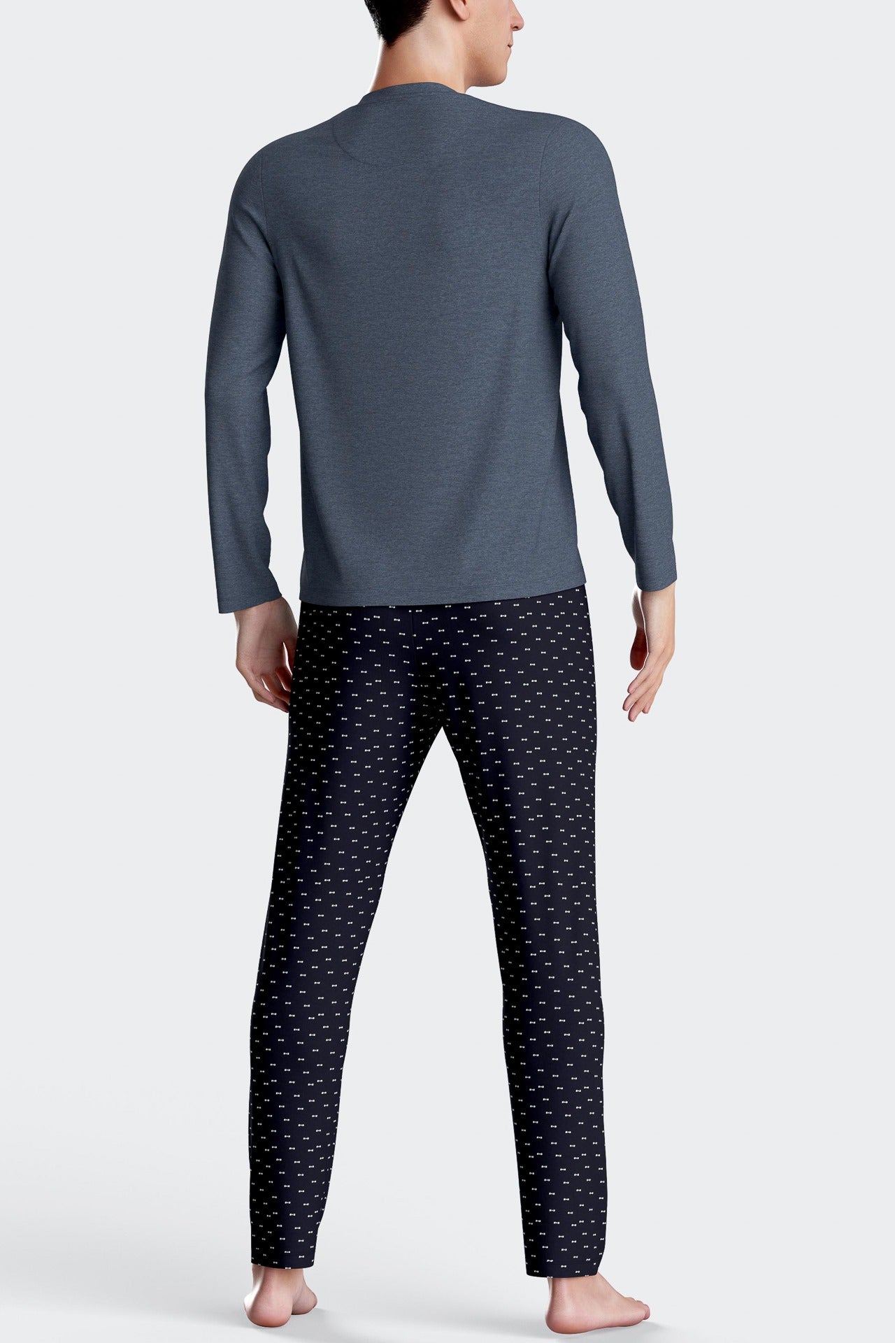 Dark blue long cotton pajamas with micro pattern trousers