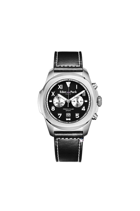 Black leather chronograph quartz watch - Image 1