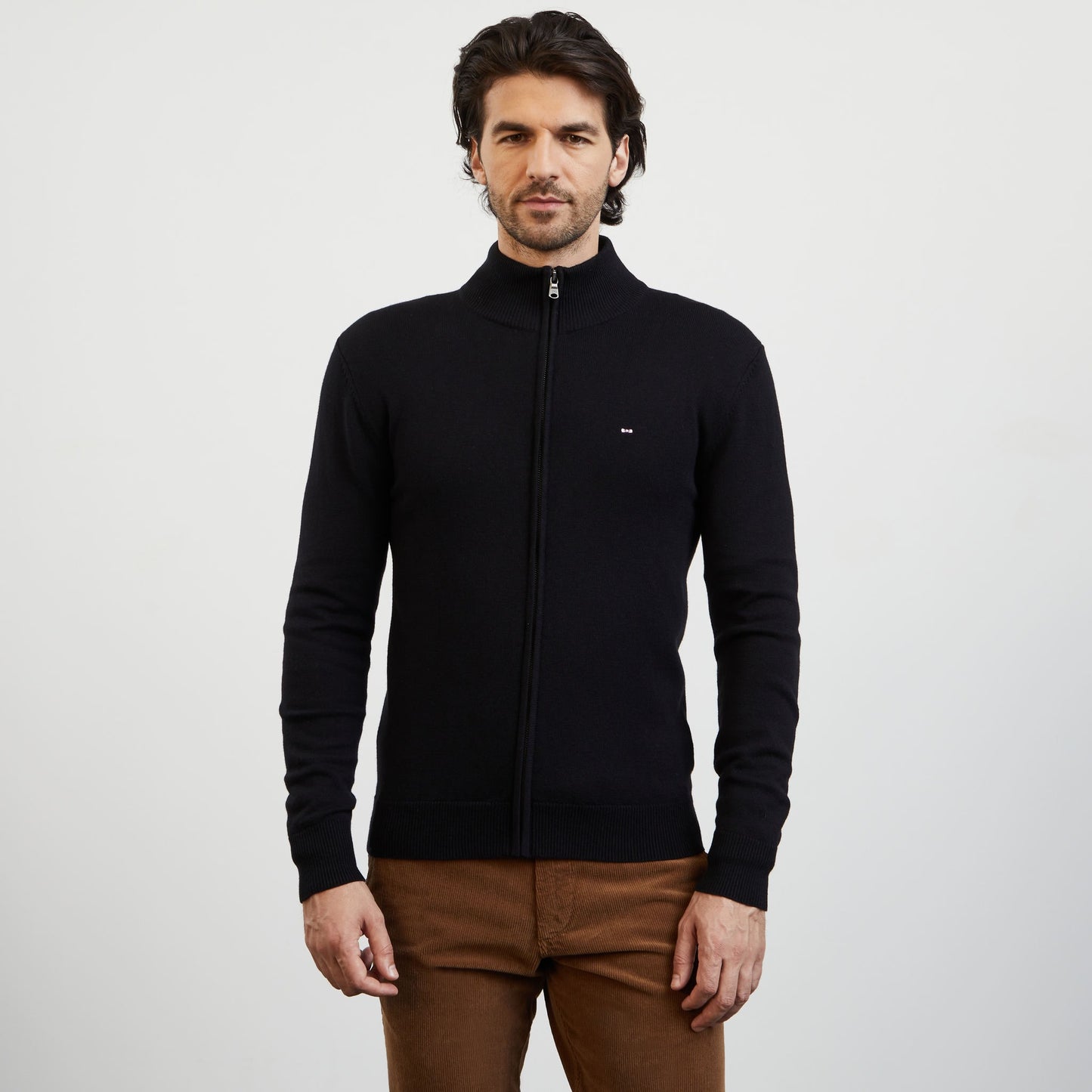 Black zip cardigan with stand-up collar