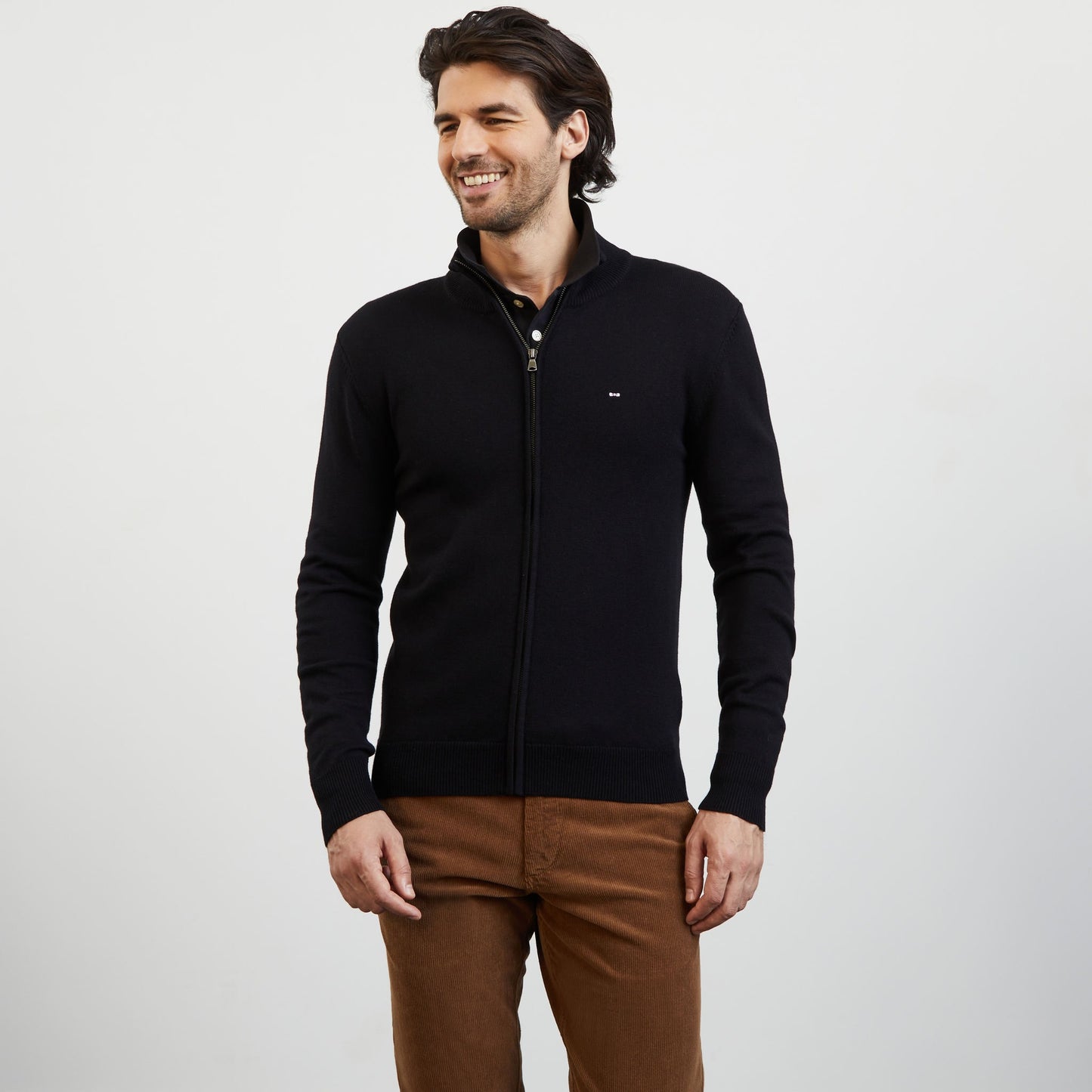 Black zip cardigan with stand-up collar