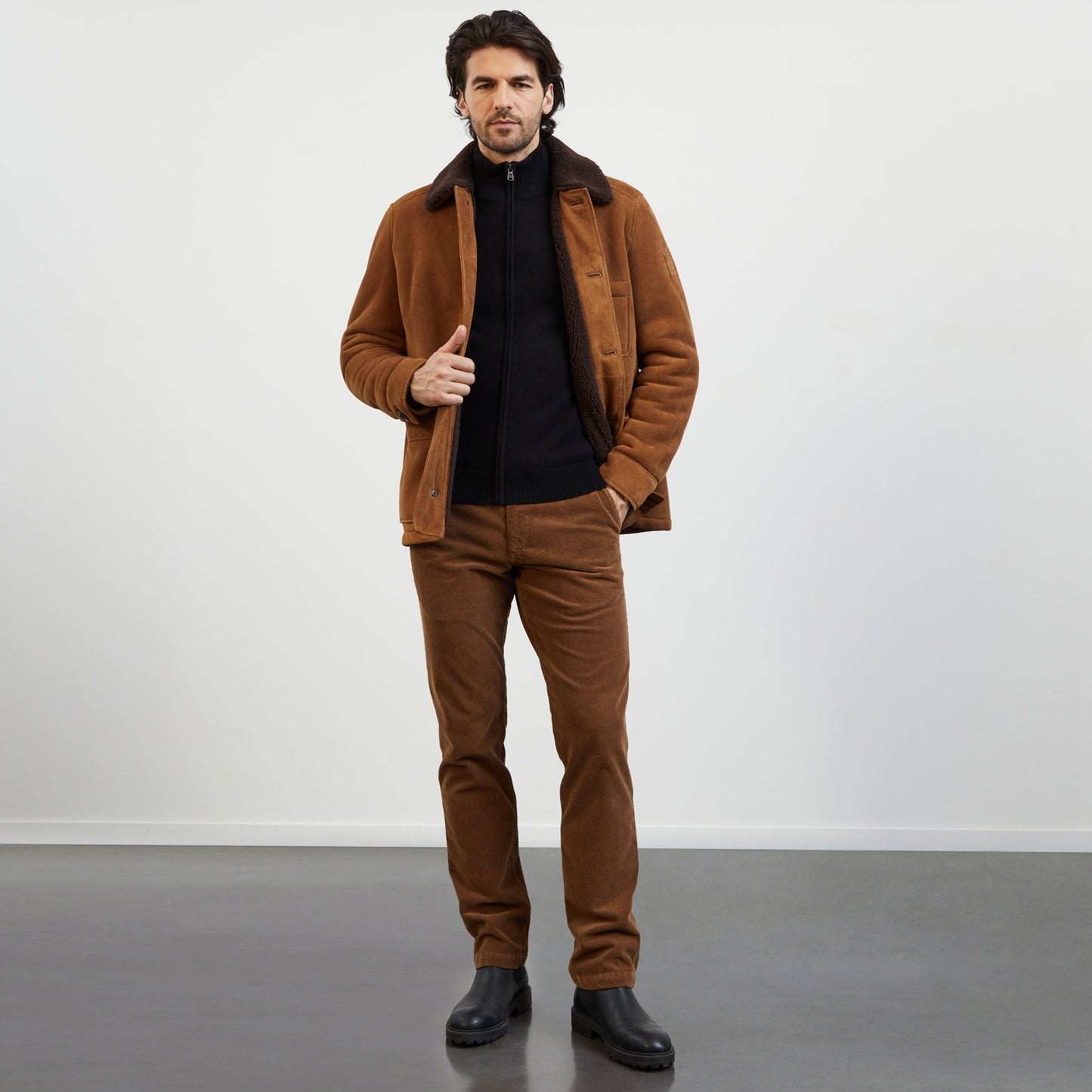 Black zip cardigan with stand-up collar