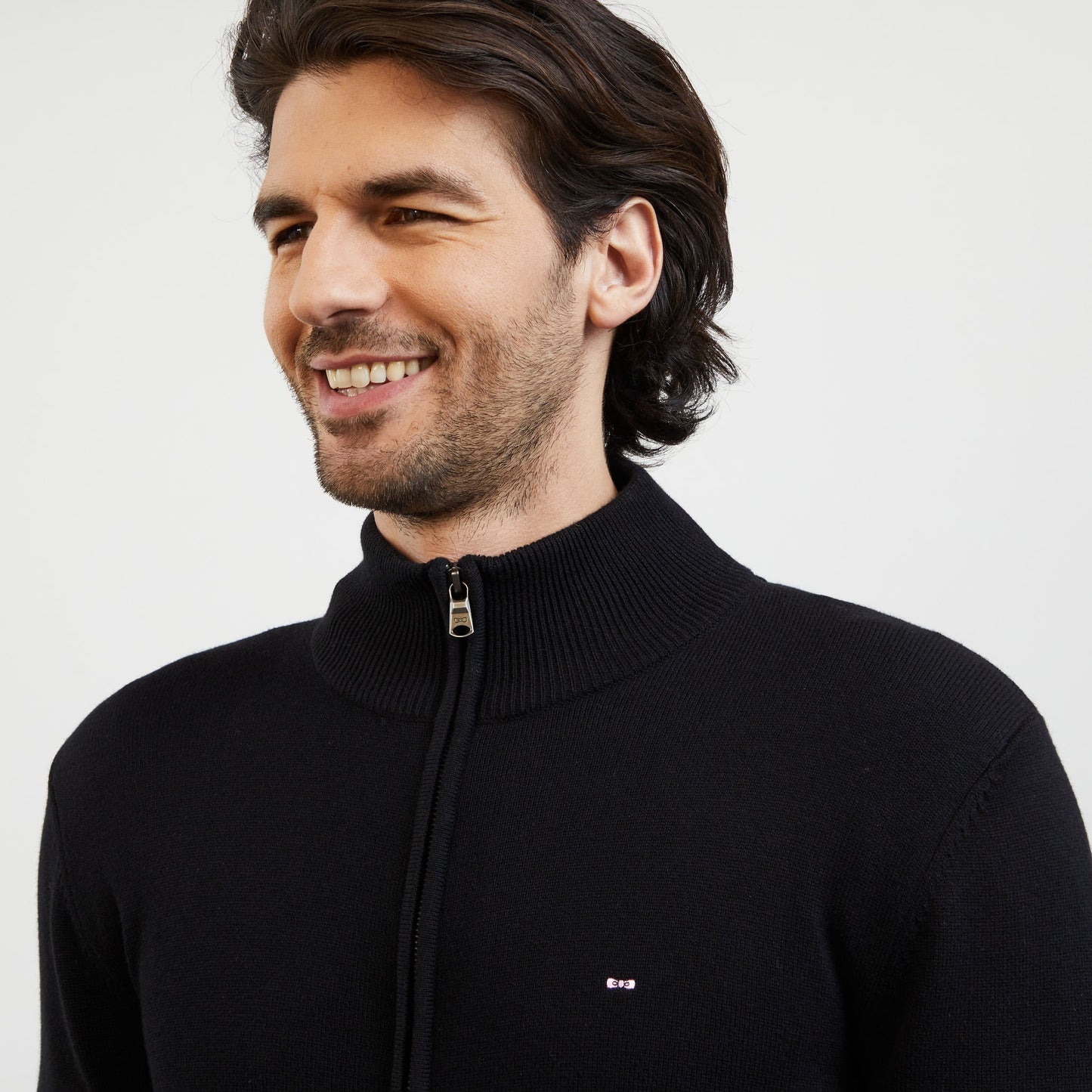 Black zip cardigan with stand-up collar