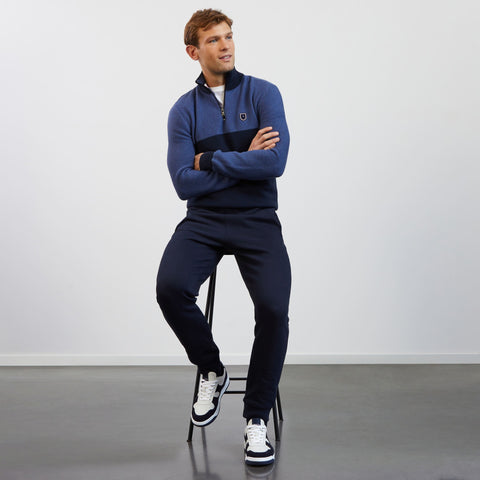 Blue zip-neck colourblock jumper - Image 1