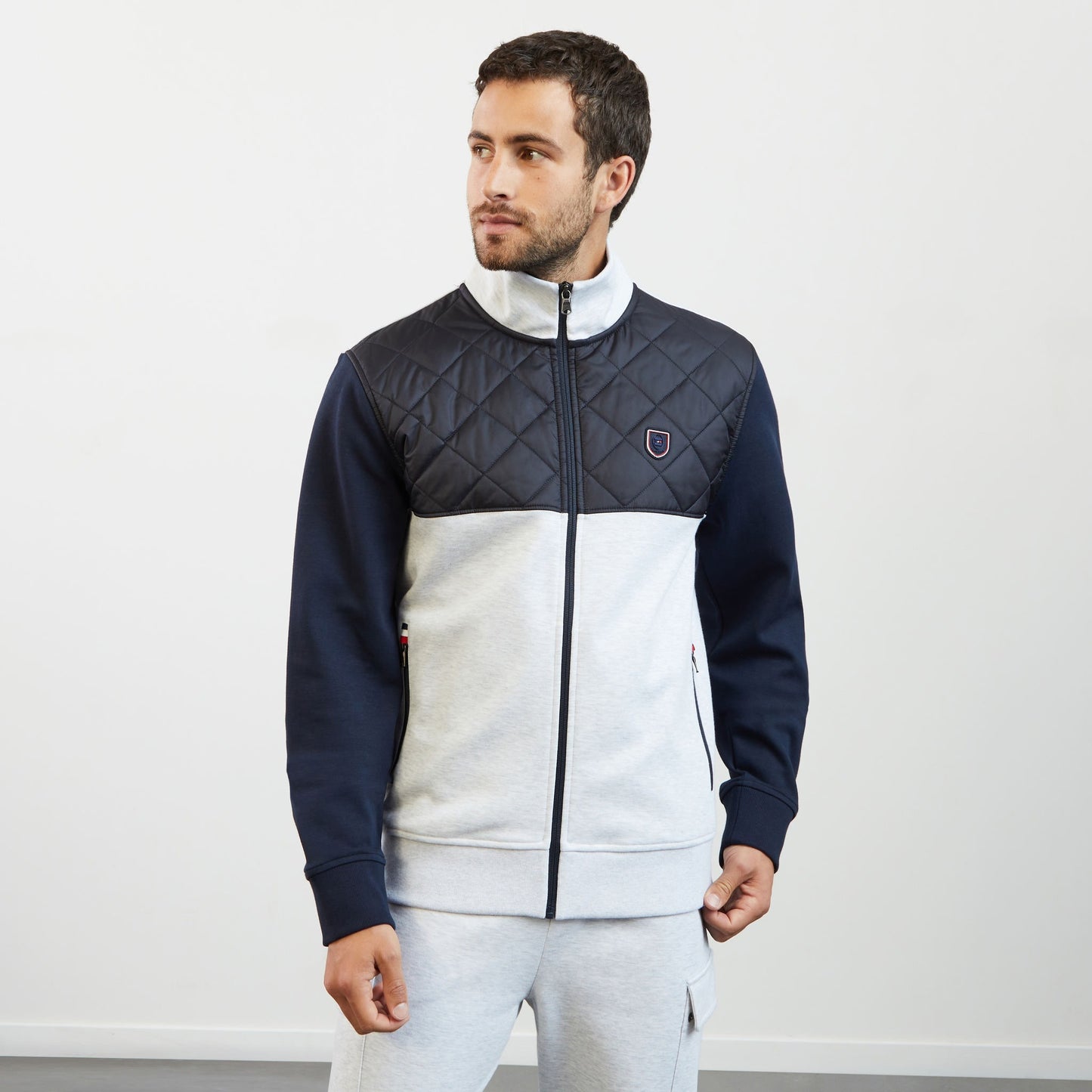 Light grey bimaterial zip sweatshirt with tricolour trim