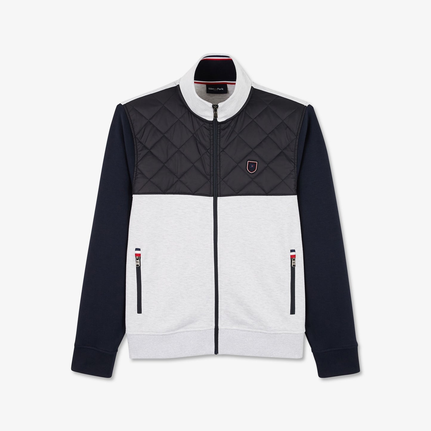 Light grey bimaterial zip sweatshirt with tricolour trim
