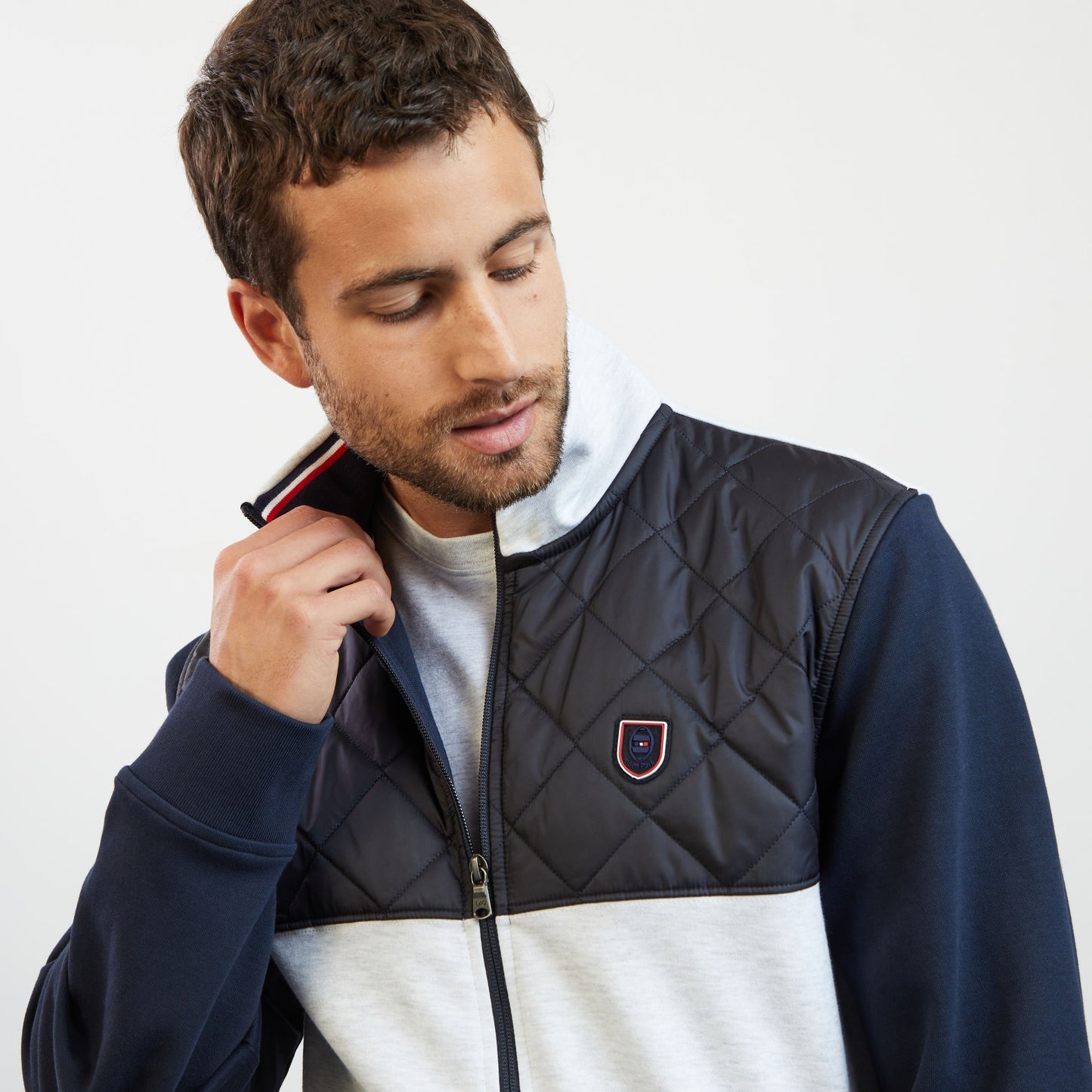 Light grey bimaterial zip sweatshirt with tricolour trim
