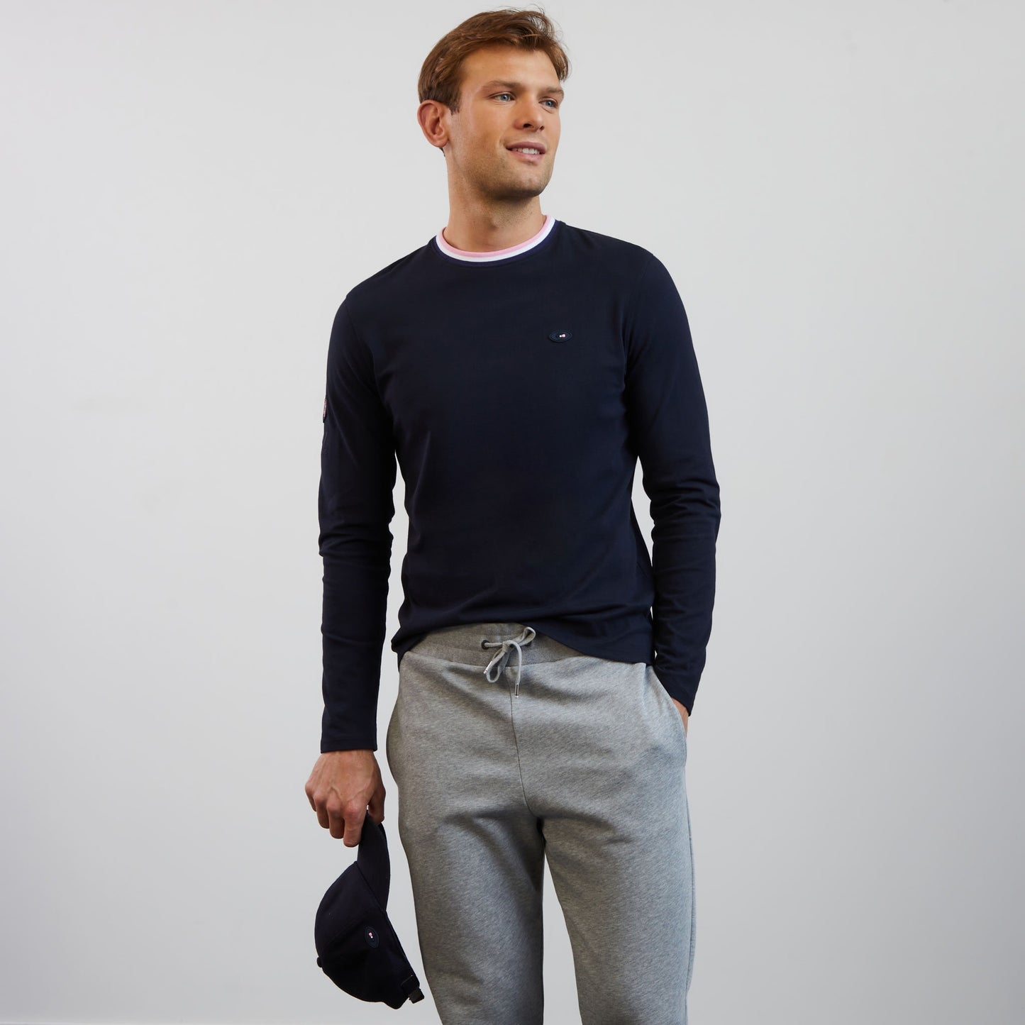 Navy blue long-sleeved T-shirt with cockerel and XV de France embroidered detail