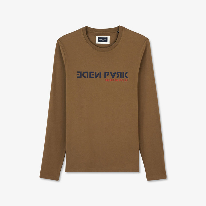 Khaki long-sleeved T-shirt with flocked inscriptions in relief