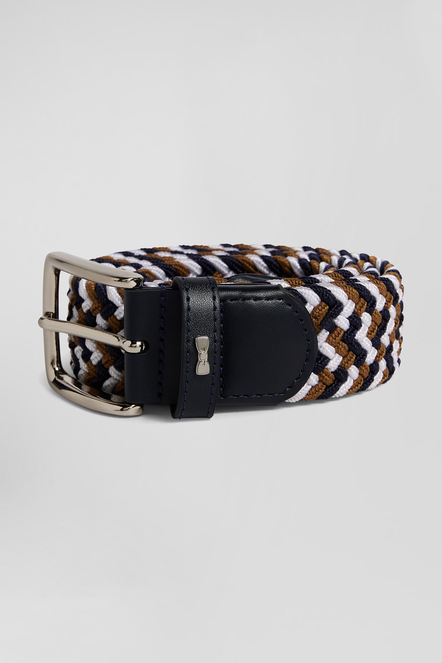 Brown rubber stretch braided belt with silver metal buckle