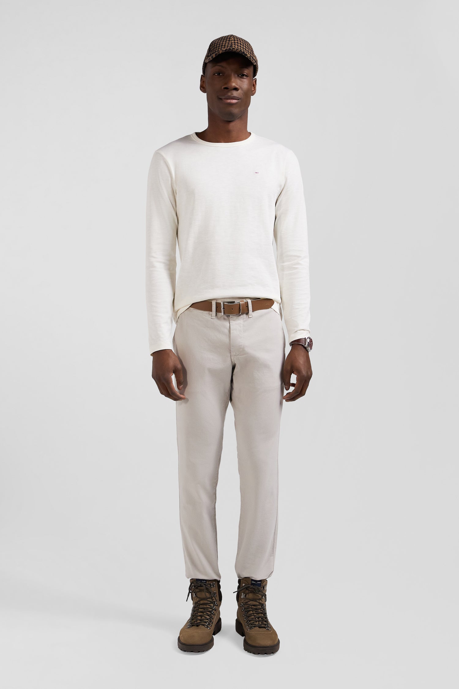 Slim plain beige chino trousers in stretch cotton