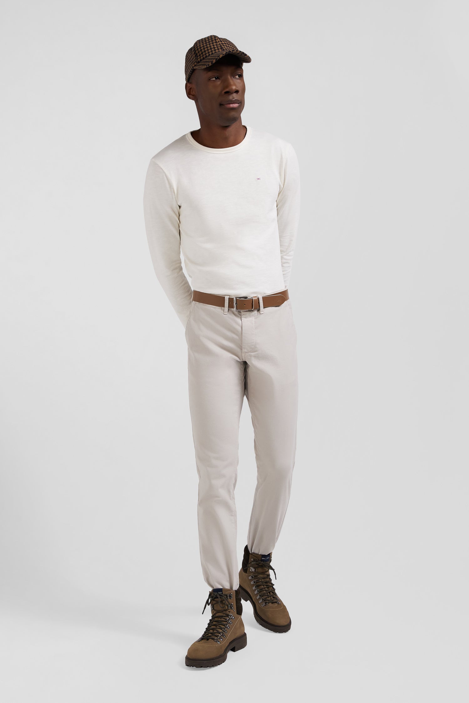 Slim plain beige chino trousers in stretch cotton