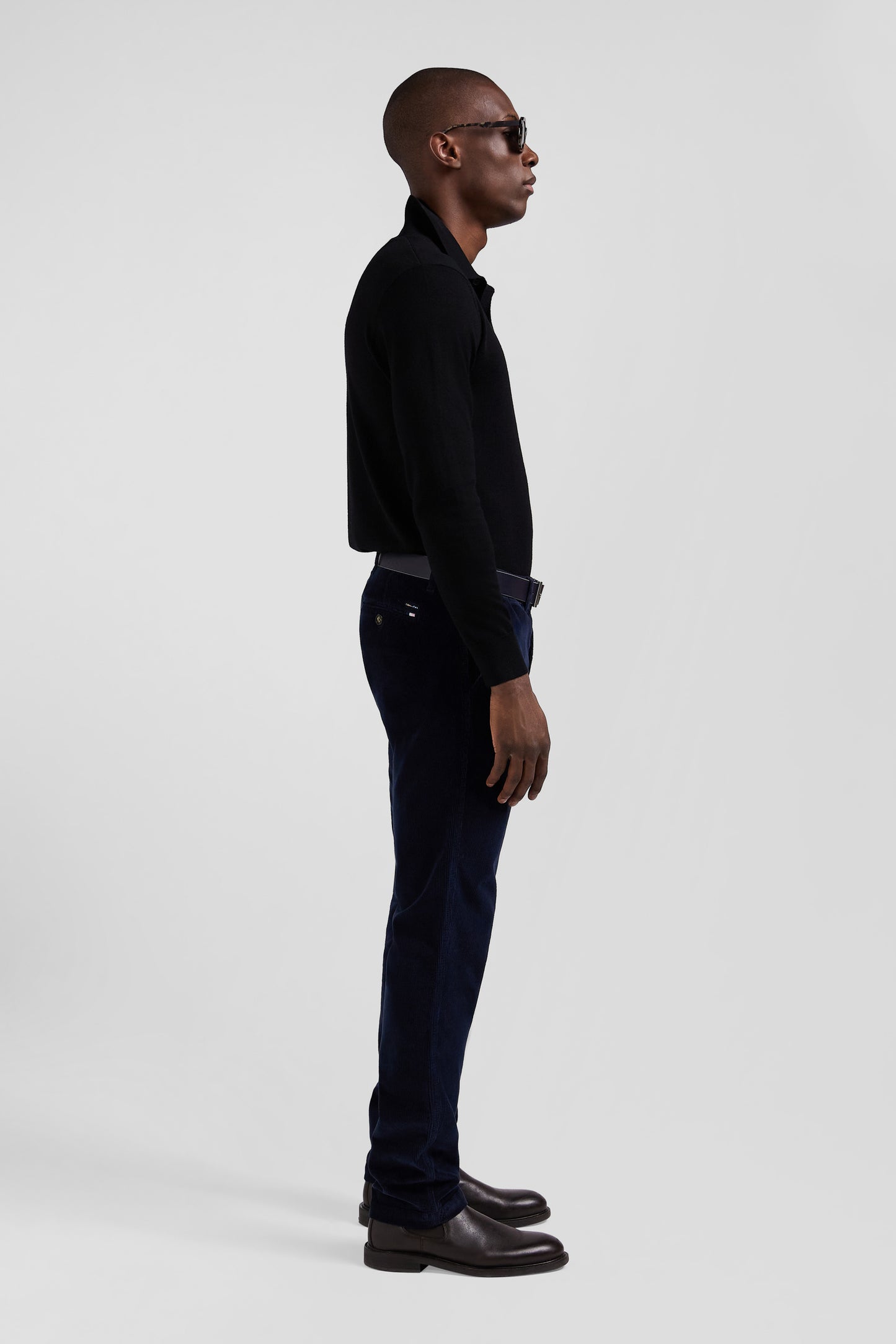 Regular navy blue stretch cotton velvet chino trousers