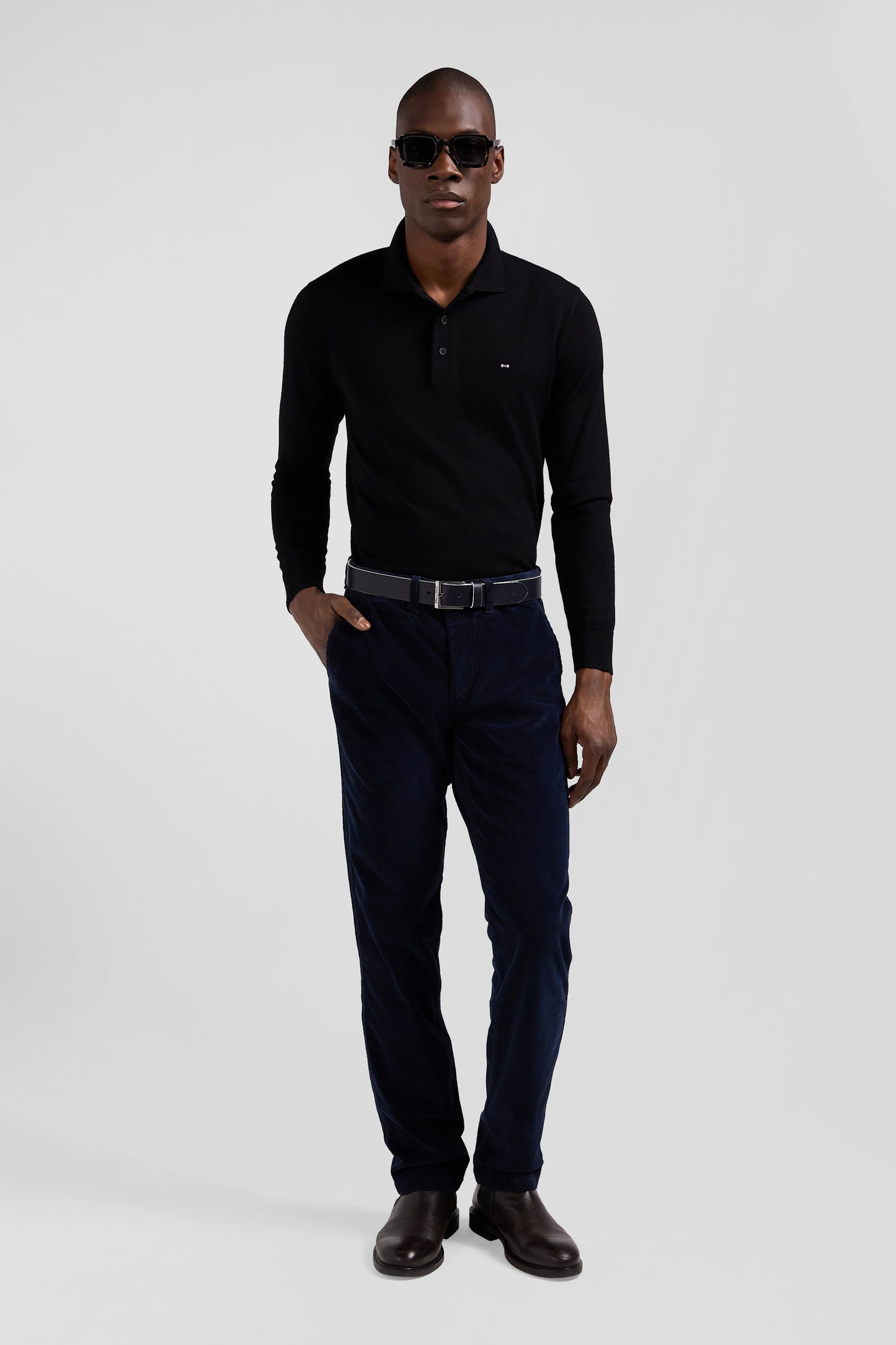 Regular navy blue stretch cotton velvet chino trousers