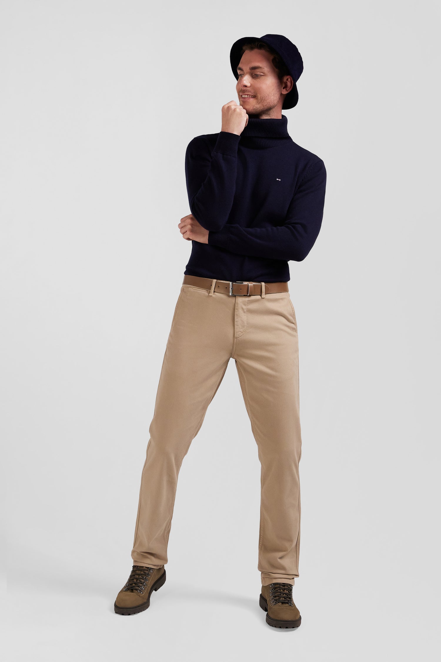 Regular hemp-coloured stretch cotton piqué and modal chino trousers