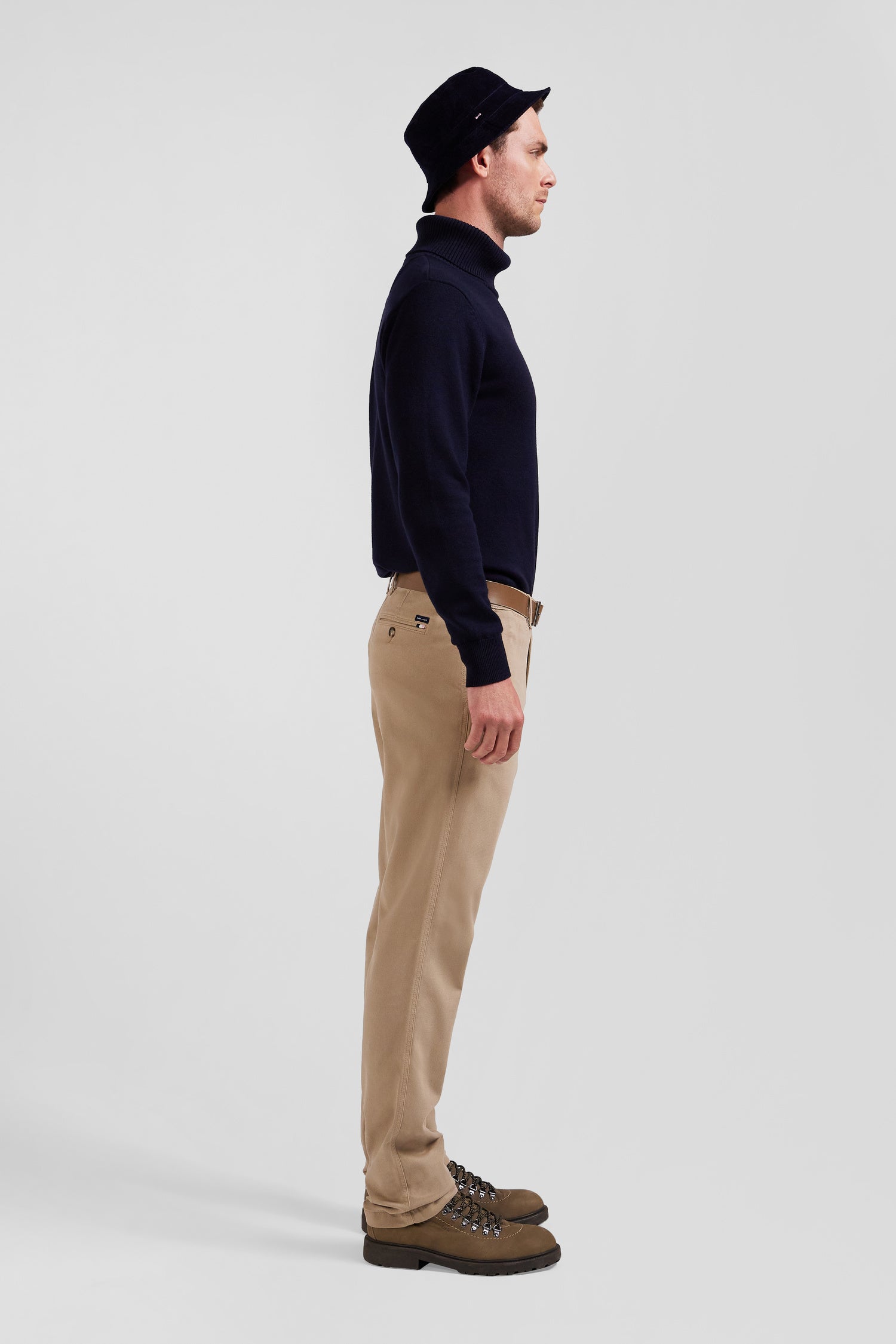 Regular hemp-coloured stretch cotton piqué and modal chino trousers