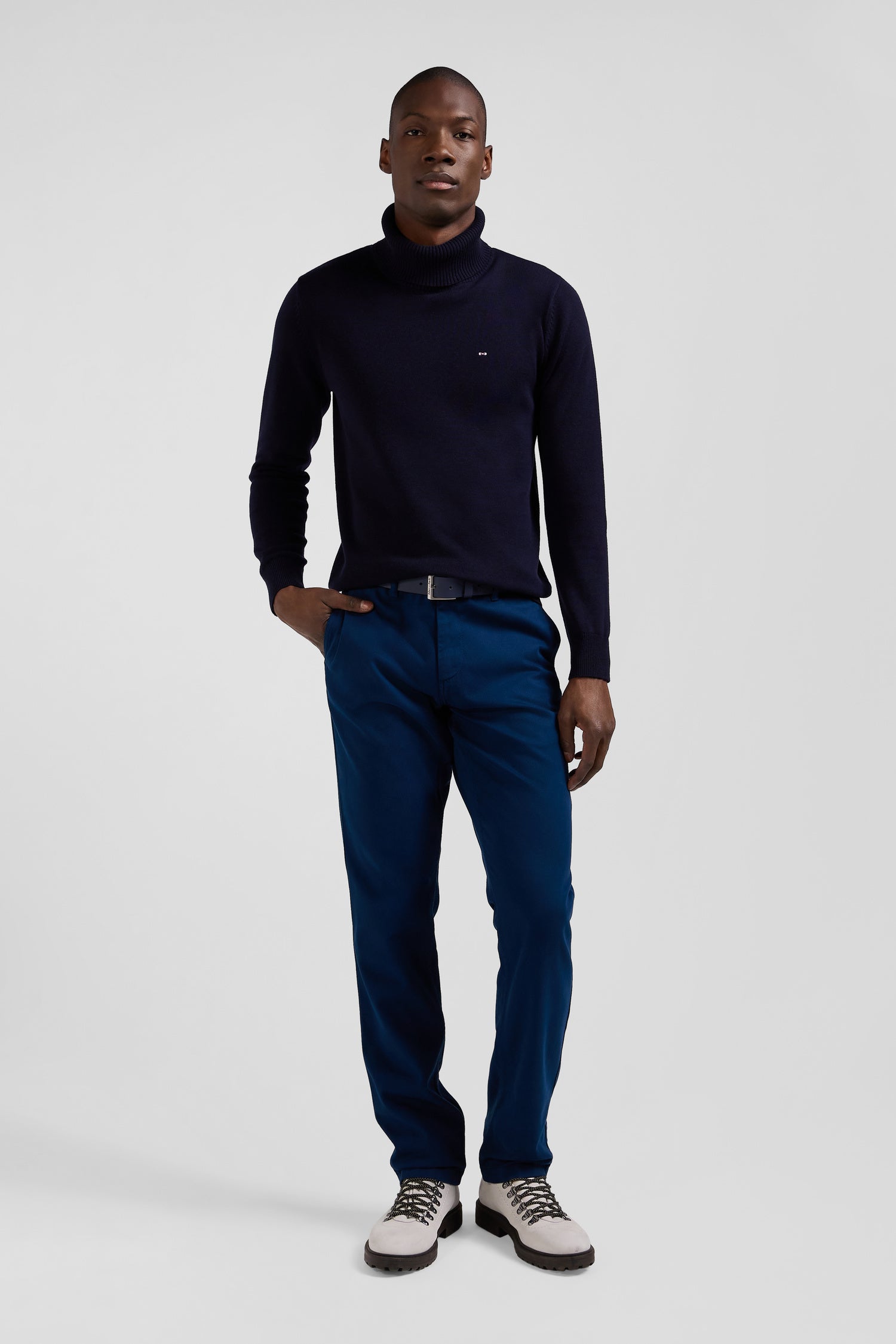 Regular blue stretch cotton piqué and modal chino trousers