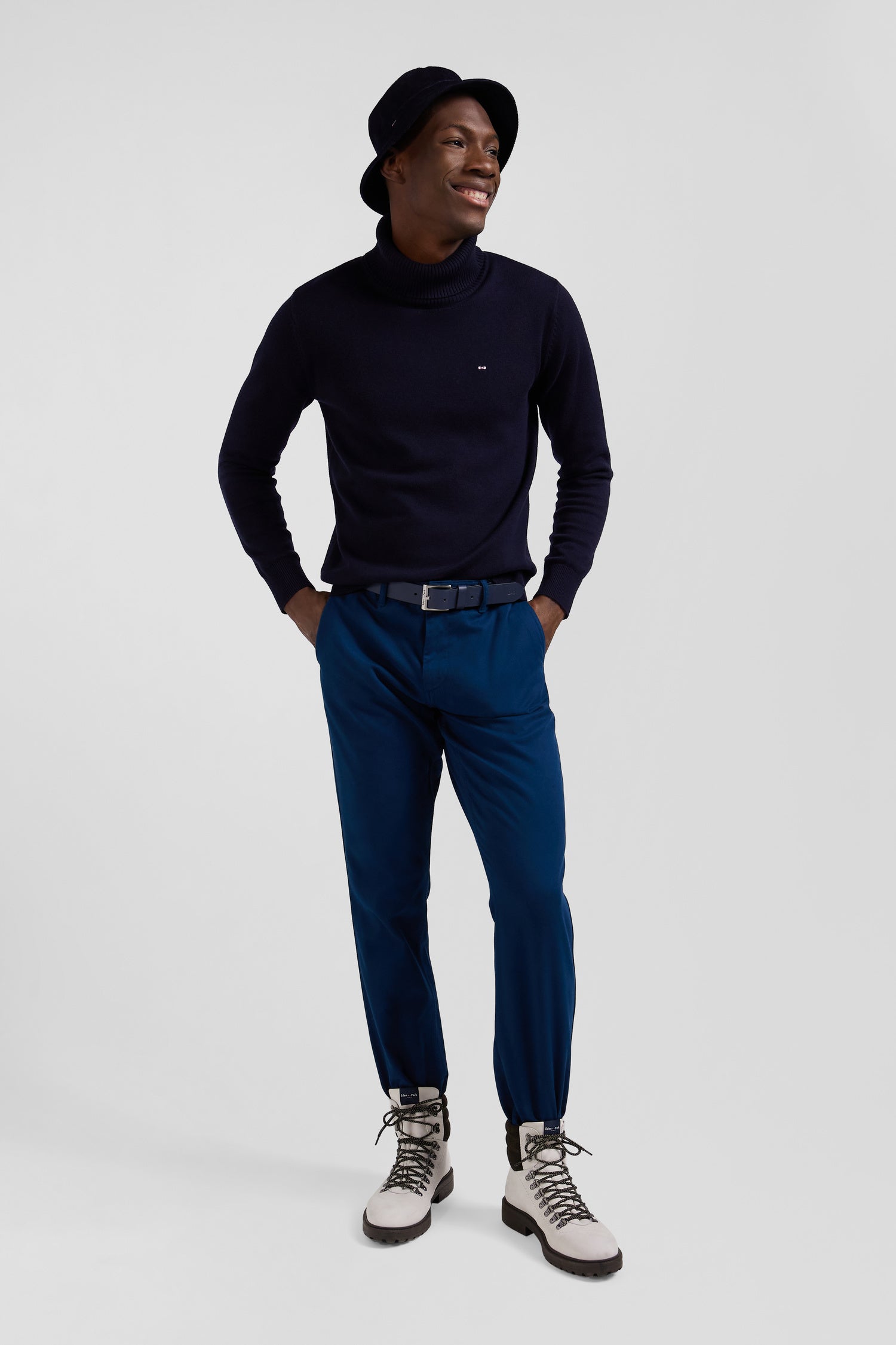 Regular blue stretch cotton piqué and modal chino trousers