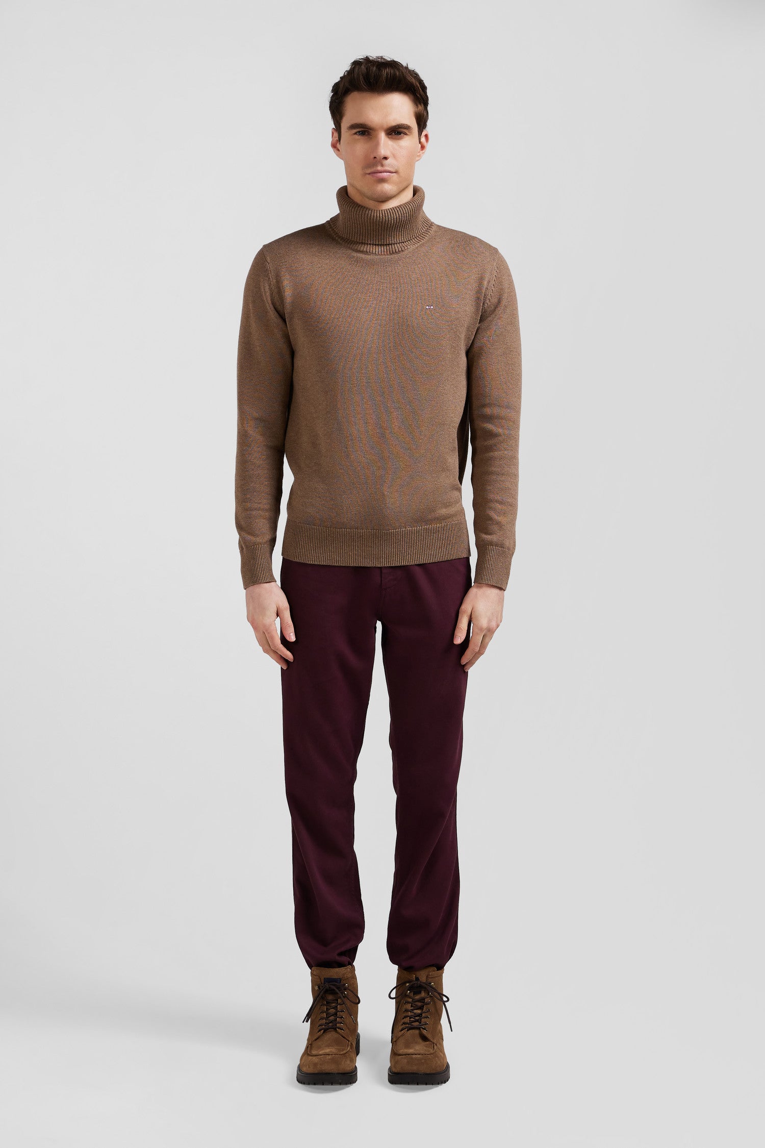 Regular burgundy stretch cotton piqué and modal chino trousers