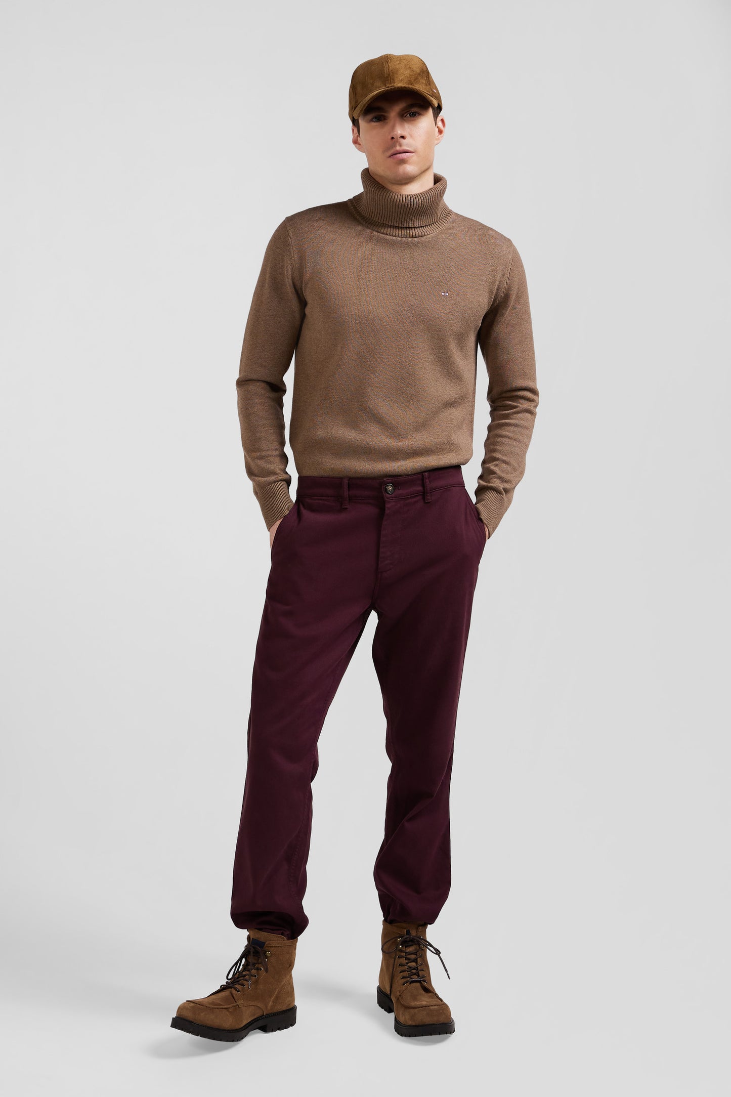 Regular burgundy stretch cotton piqué and modal chino trousers