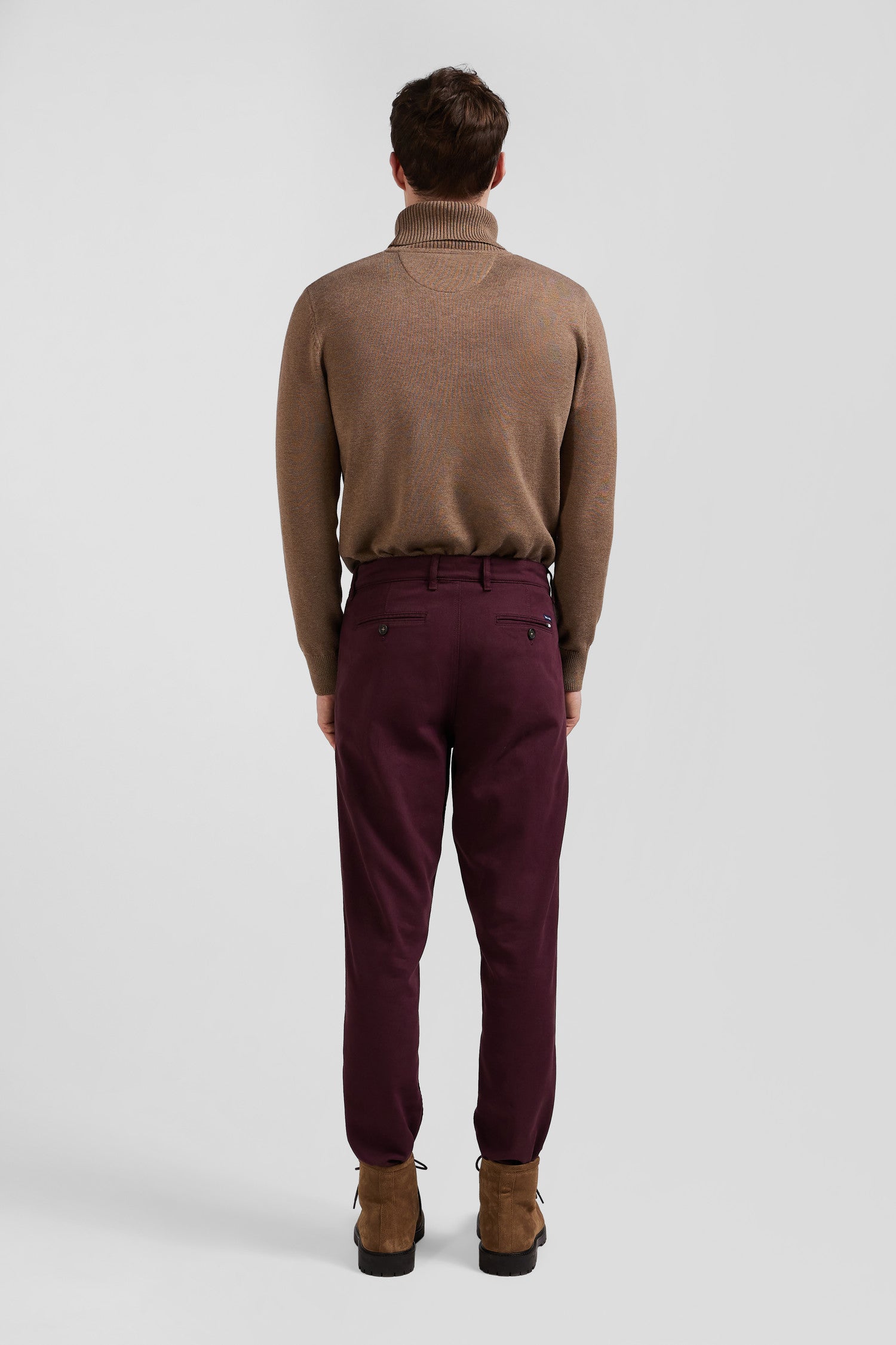 Regular burgundy stretch cotton piqué and modal chino trousers