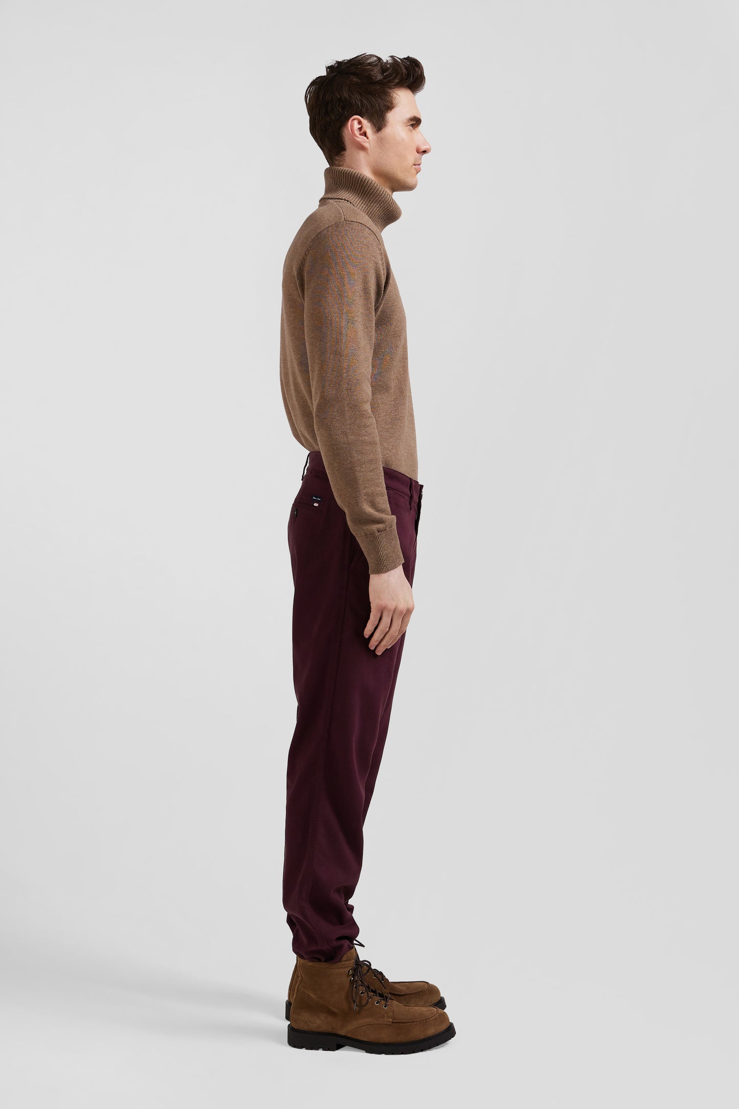 Regular burgundy stretch cotton piqué and modal chino trousers