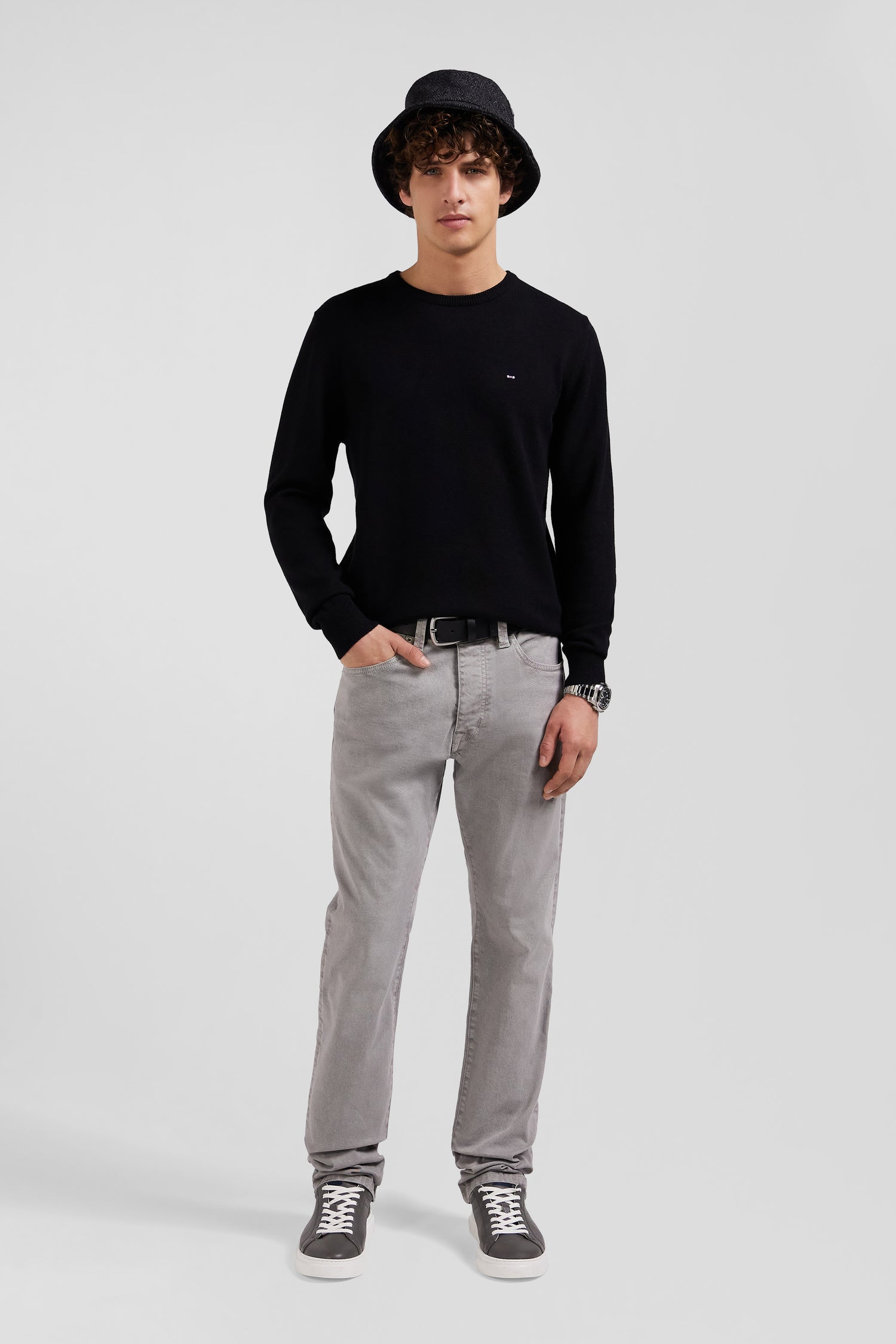 Regular grey stretch cotton 5-pocket trousers