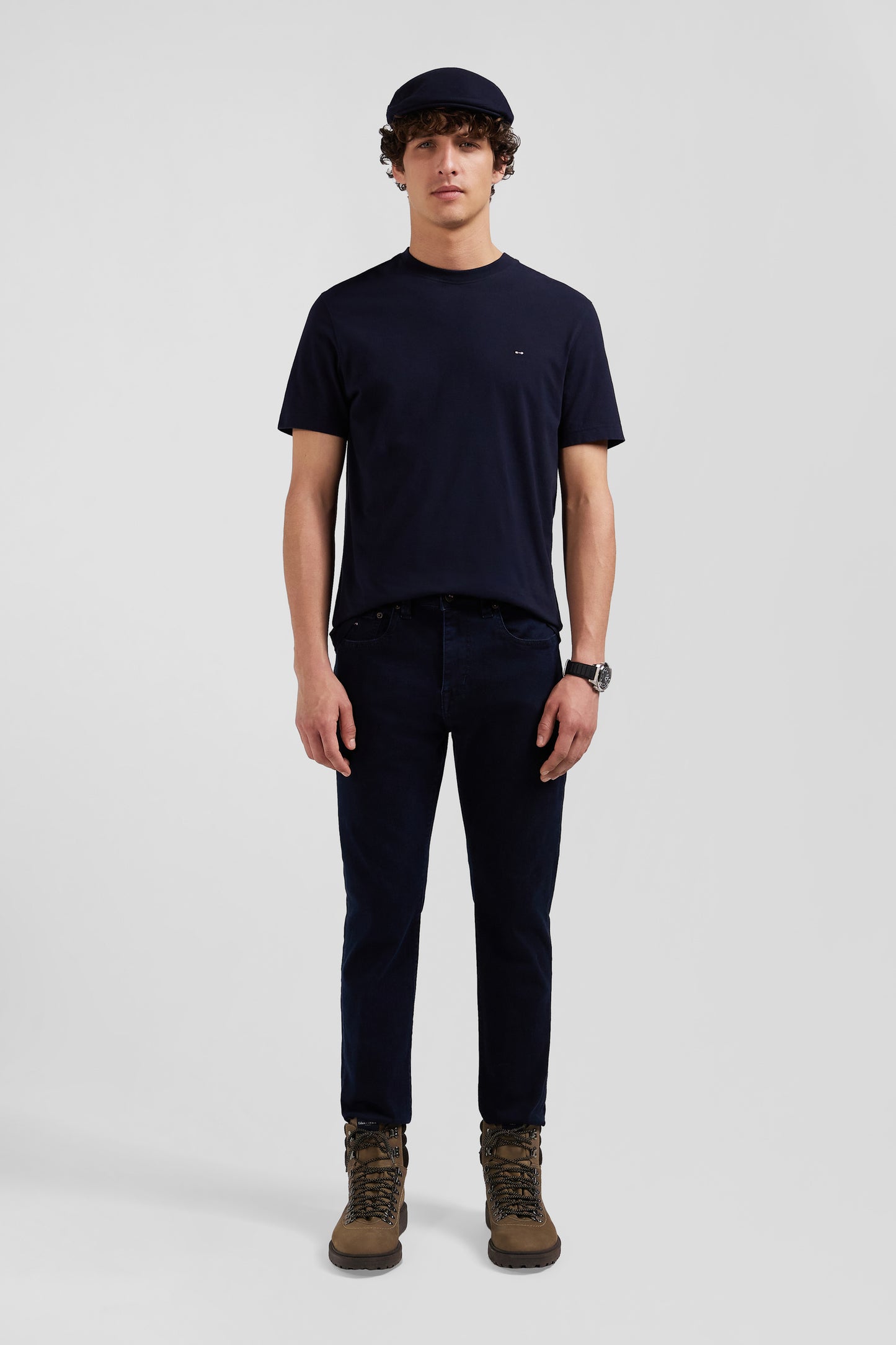 Slim stone-washed navy blue stretch denim jeans