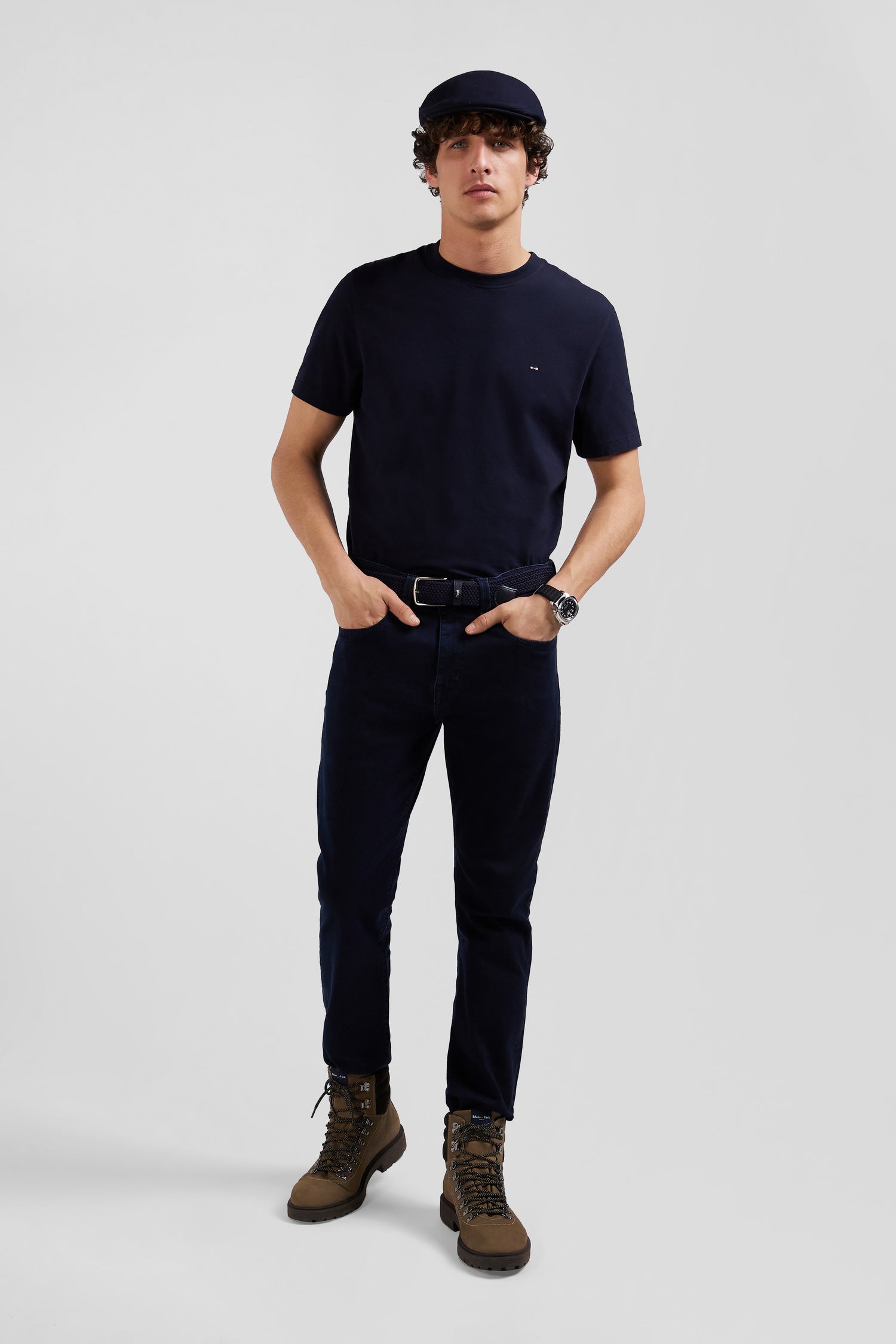 Slim stone-washed navy blue stretch denim jeans