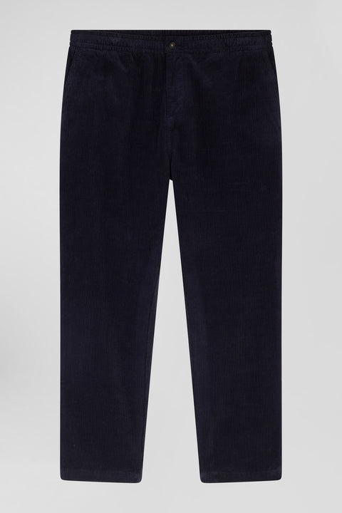 Modern navy blue stretch cotton elastic waist trousers - Image 2