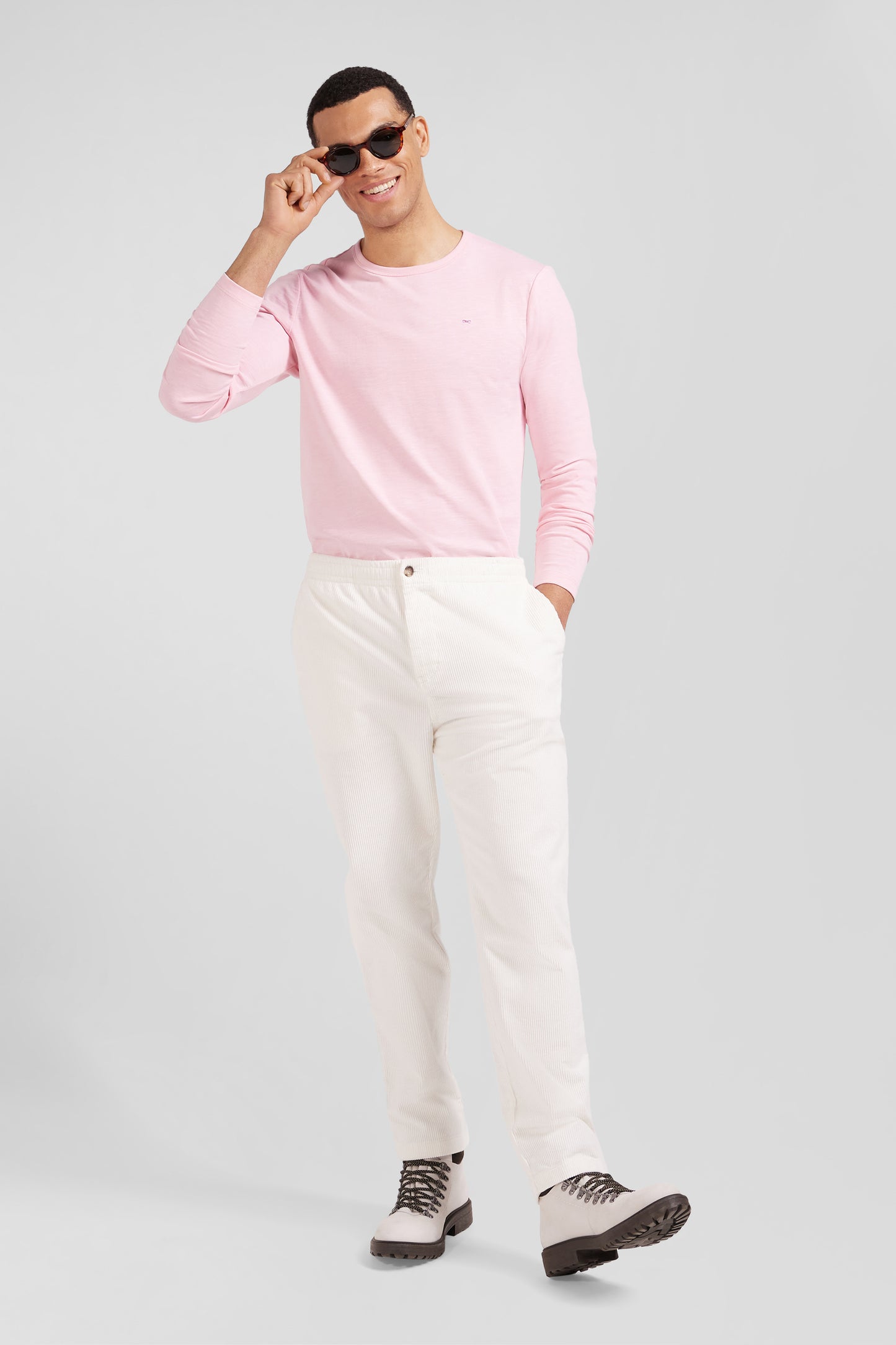 Modern ecru stretch cotton elastic waist trousers