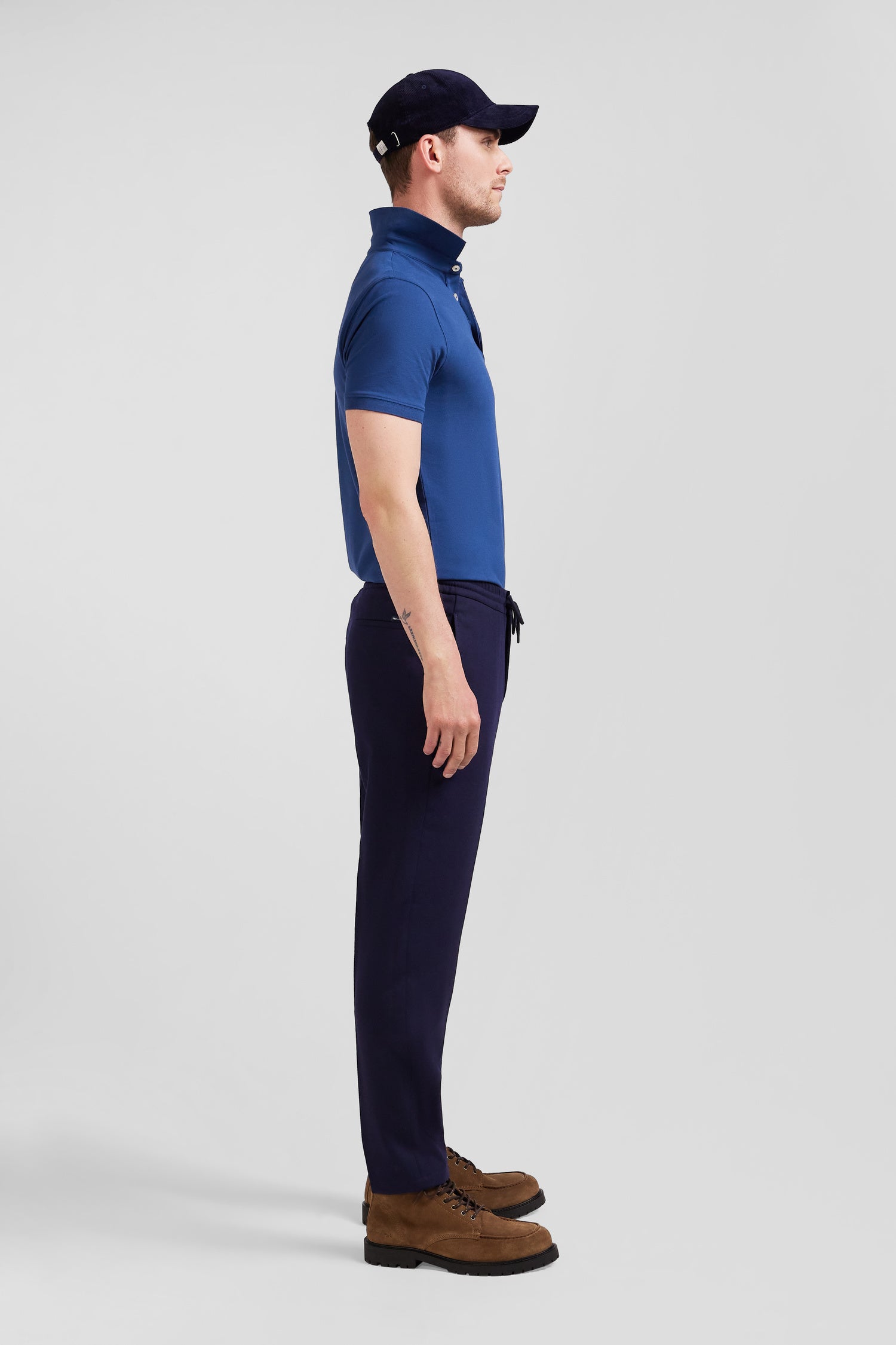 Modern navy blue blended wool elastic waist trousers