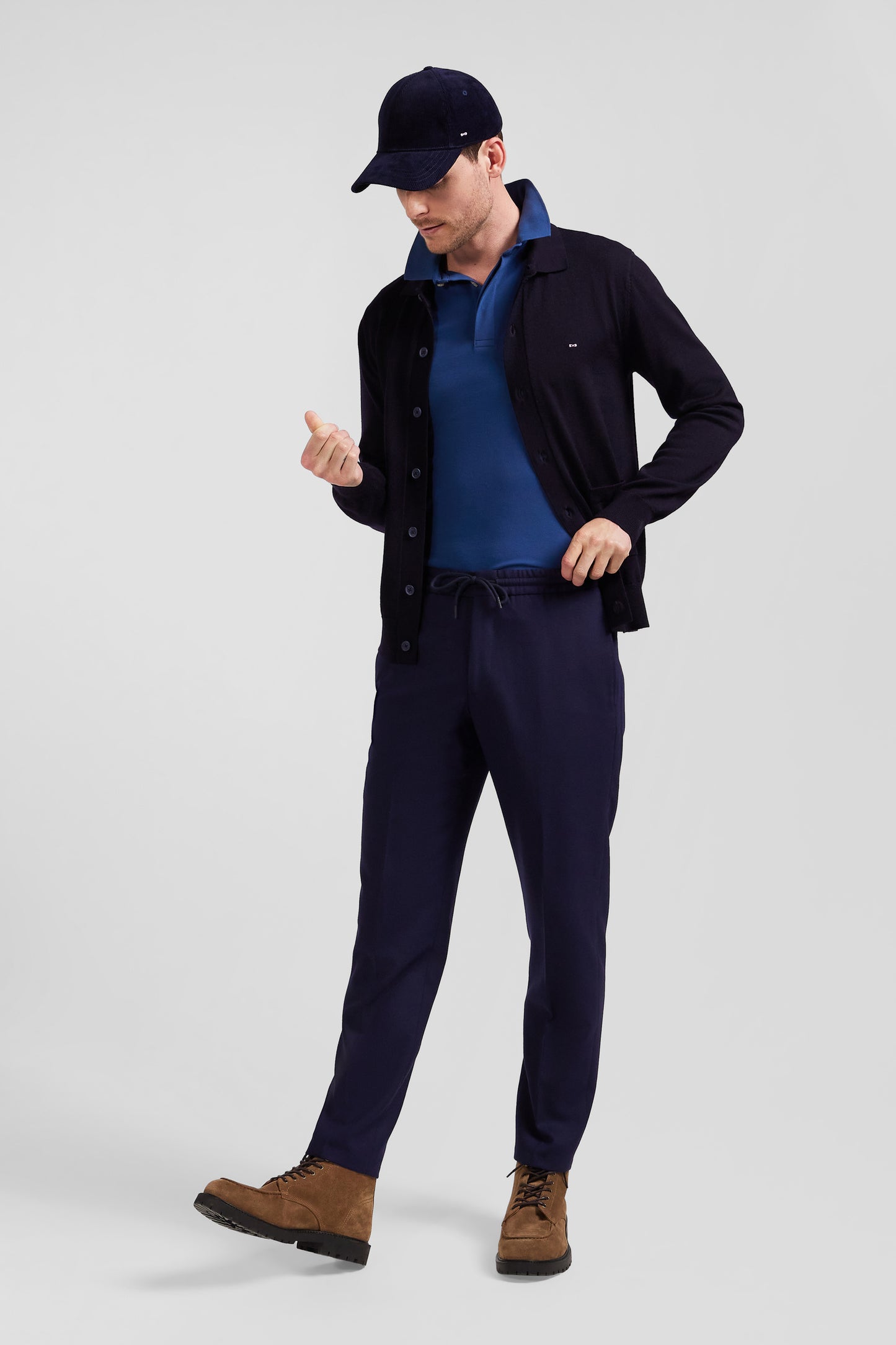 Modern navy blue blended wool elastic waist trousers