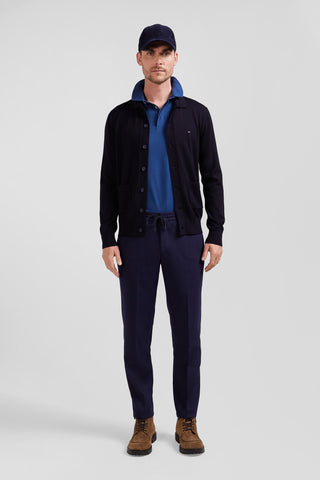 Modern navy blue blended wool elastic waist trousers