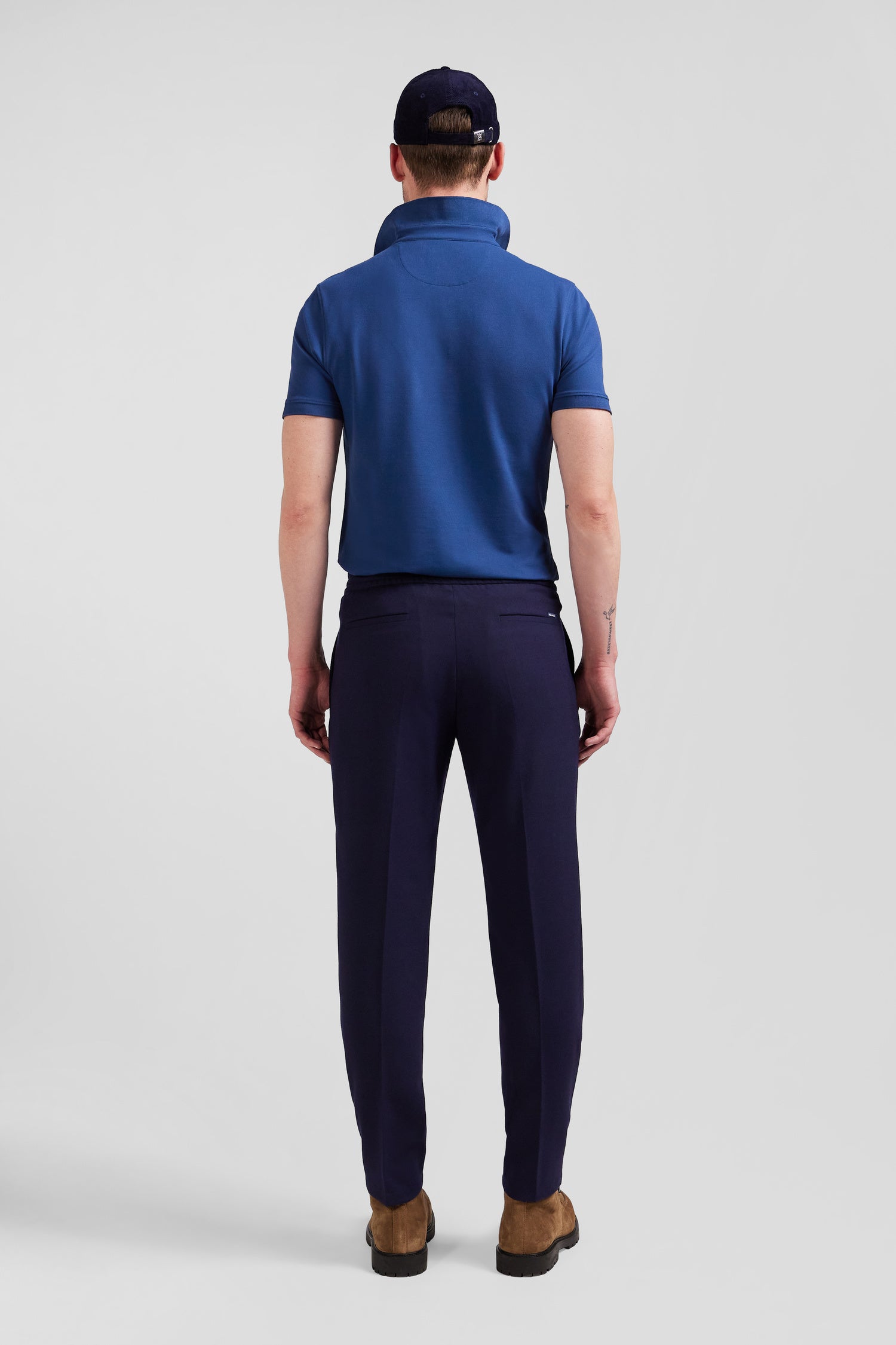 Modern navy blue blended wool elastic waist trousers