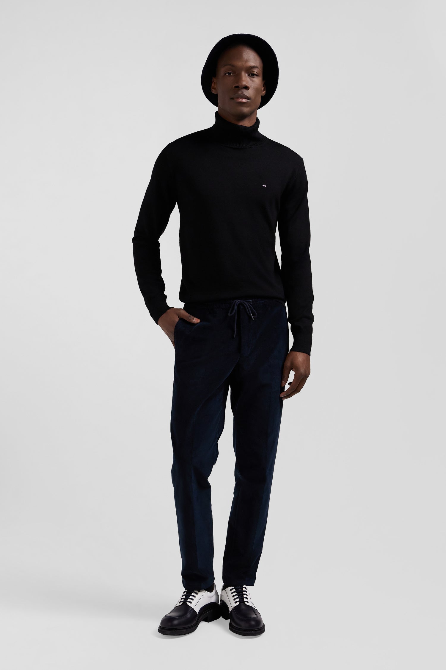 Modern navy blue elastic waist corduroy trousers