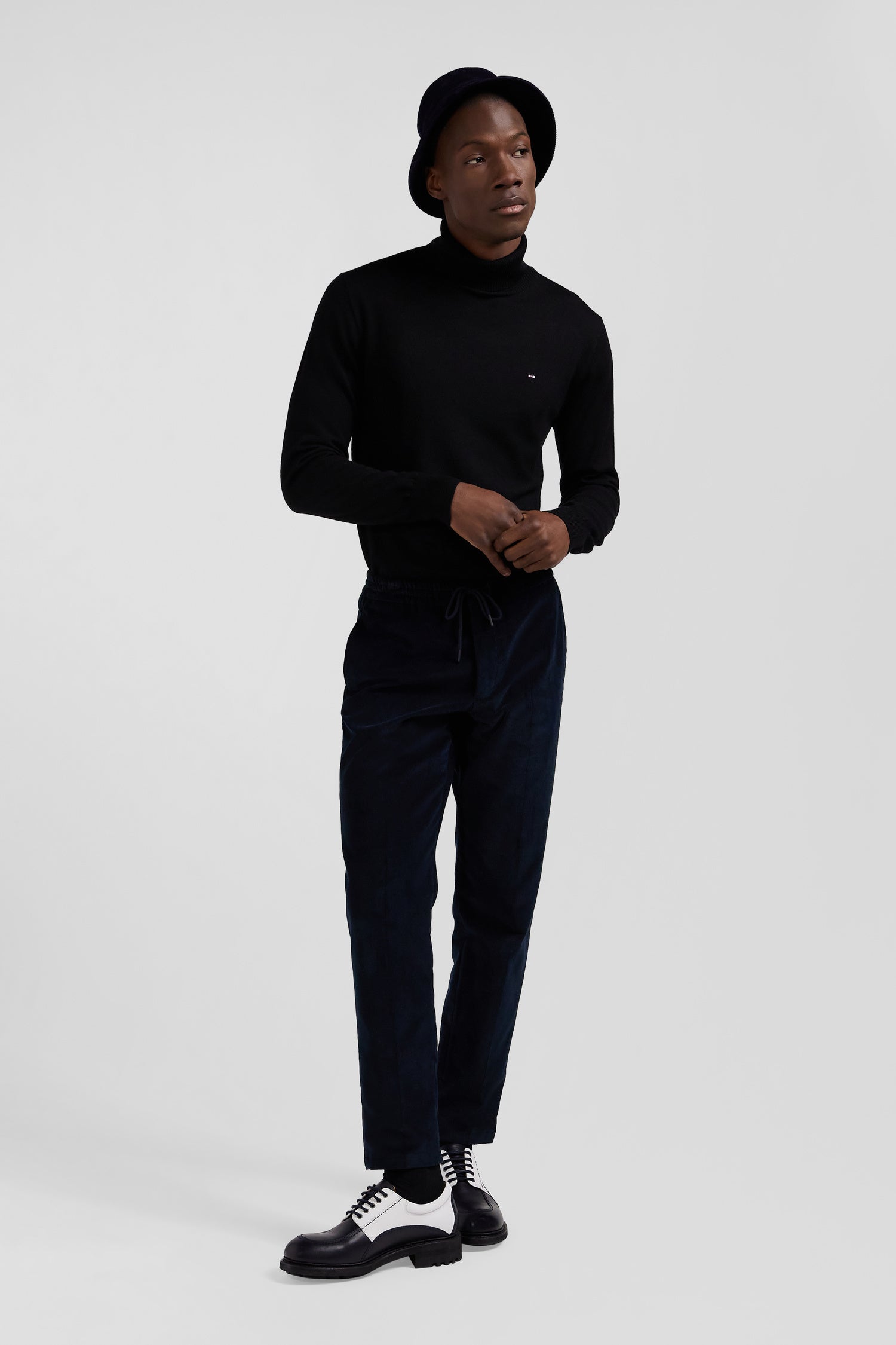 Modern navy blue elastic waist corduroy trousers