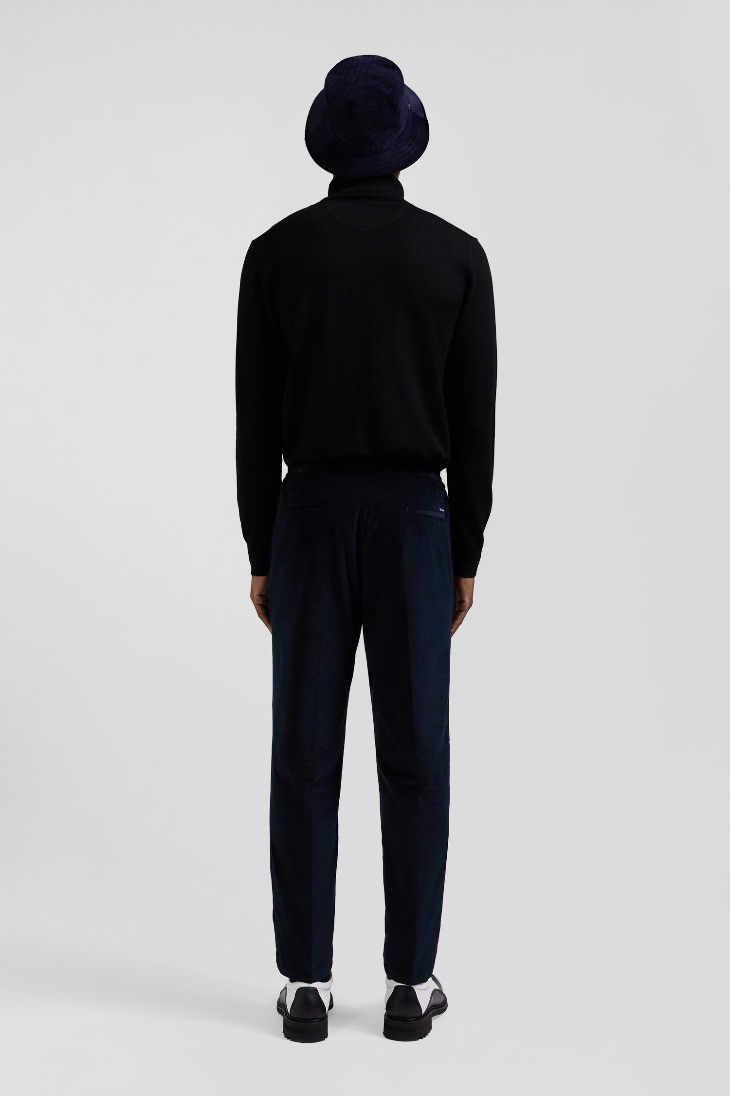 Modern navy blue elastic waist corduroy trousers