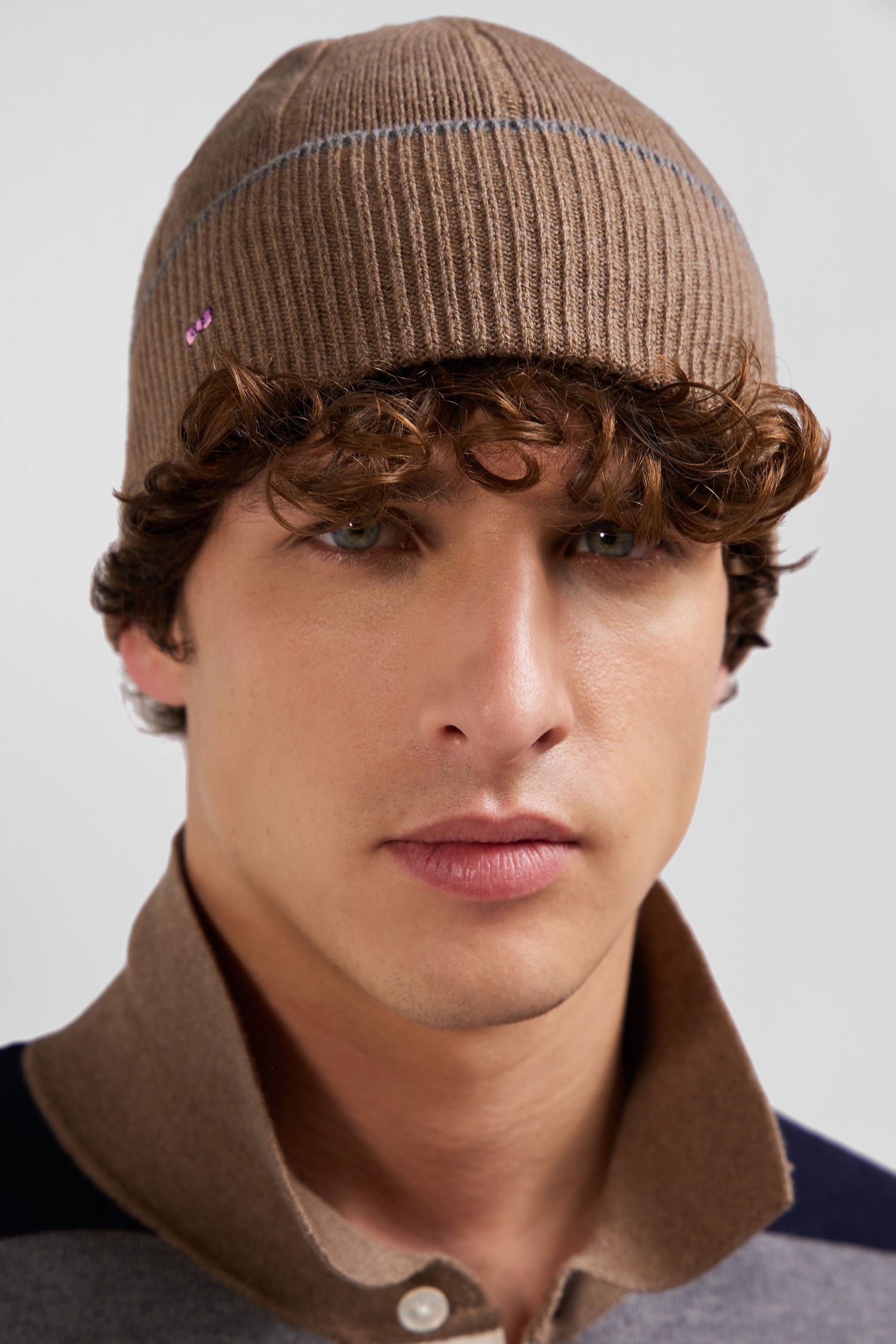 Brown cotton and cashmere beanie with contrasting trim