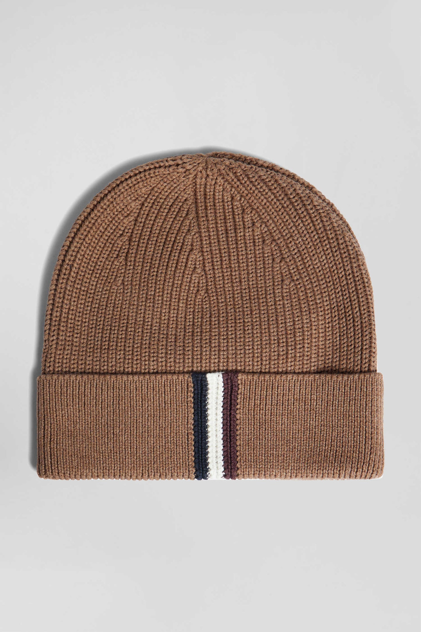 Knitted hat in hazelnut cotton with tricolored details
